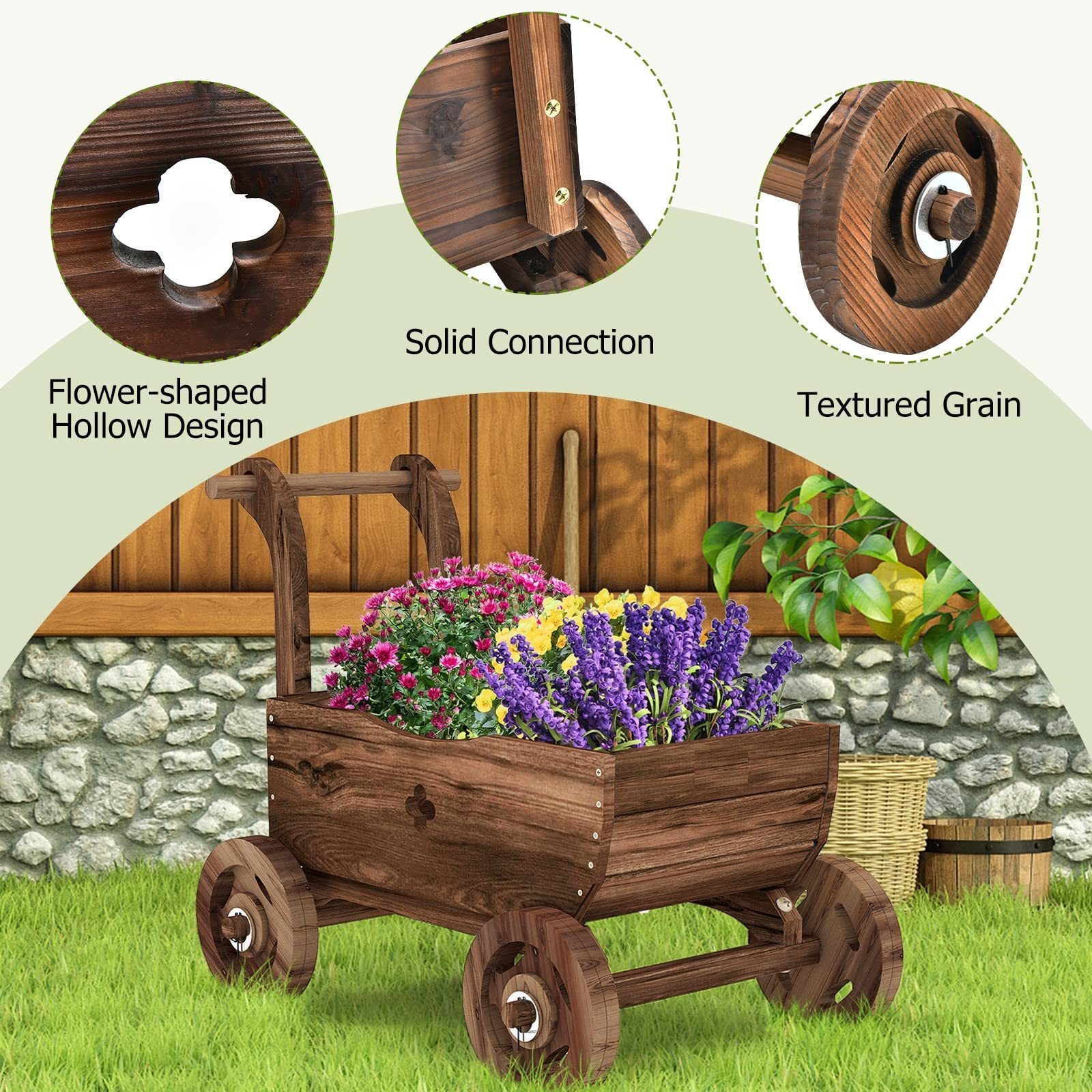 Garden Wagon Decor with Wheels Rustic Flower Pot Planters Wagon Indoor Outdoor Backyard Balcony Raised Garden Bed Planter Box