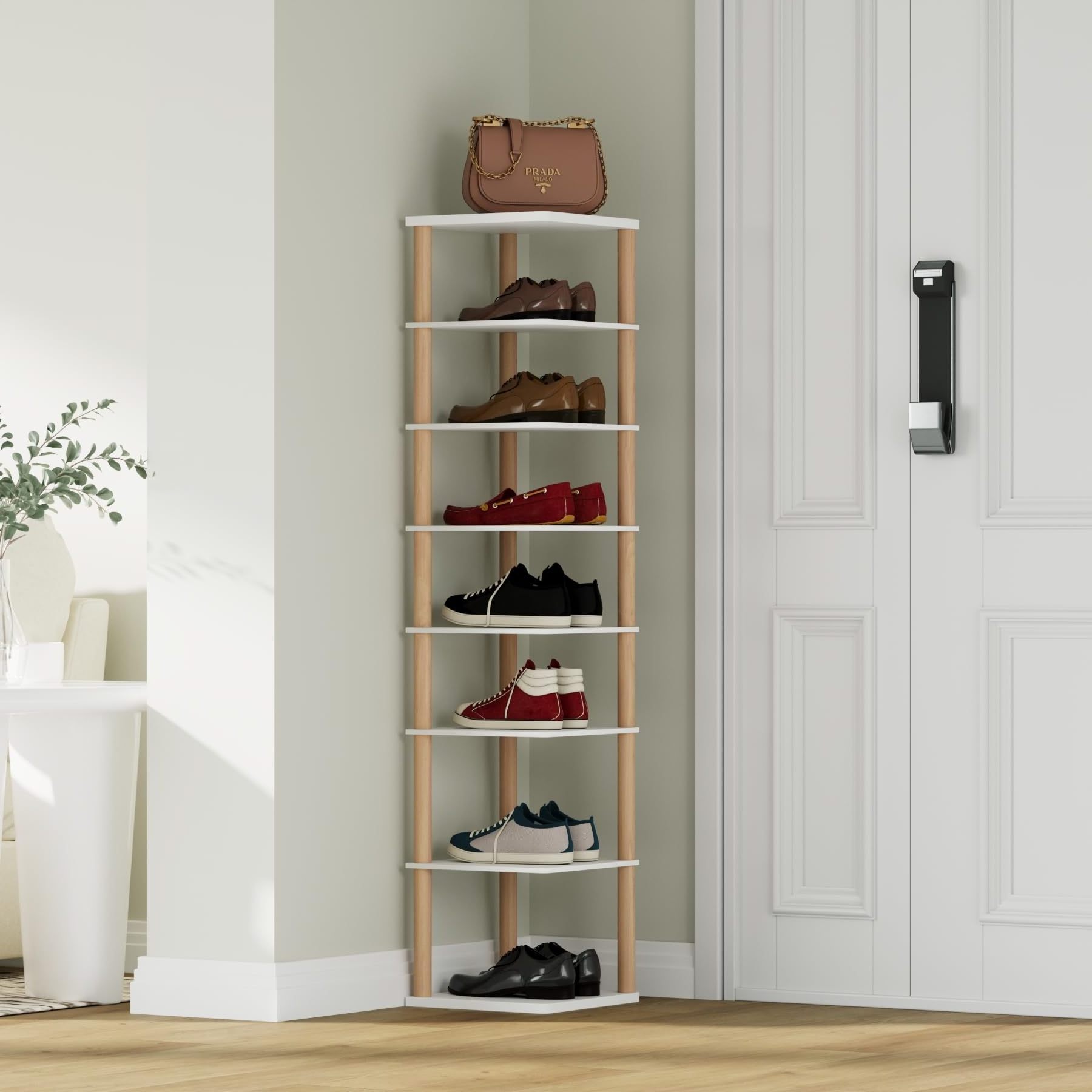 New Product Light weight 8 Tiers Vertical Shoe Storage Space Saving Narrow Shoe Organizer Free Standing Tall Shoe Shelf