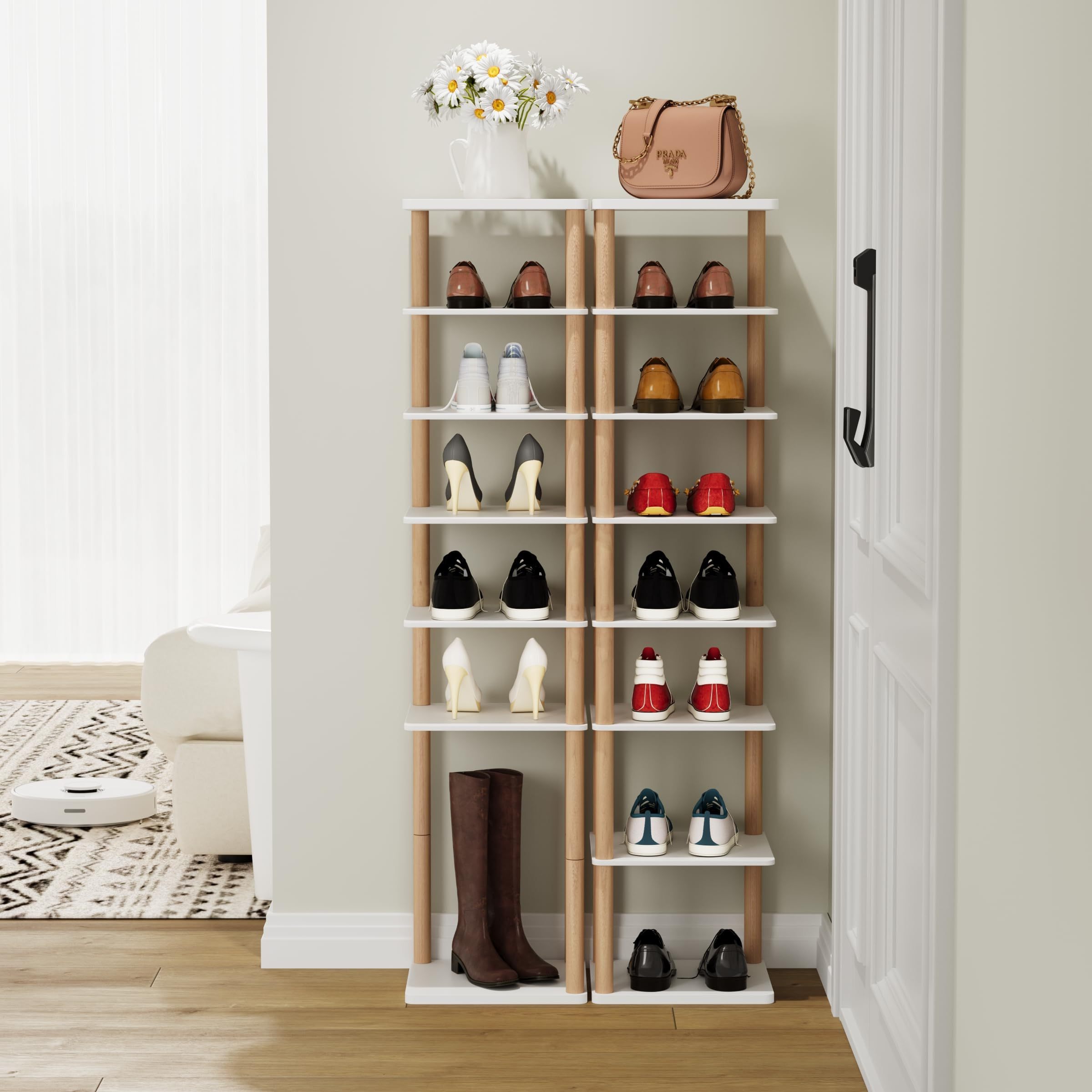 New Product Light weight 8 Tiers Vertical Shoe Storage Space Saving Narrow Shoe Organizer Free Standing Tall Shoe Shelf