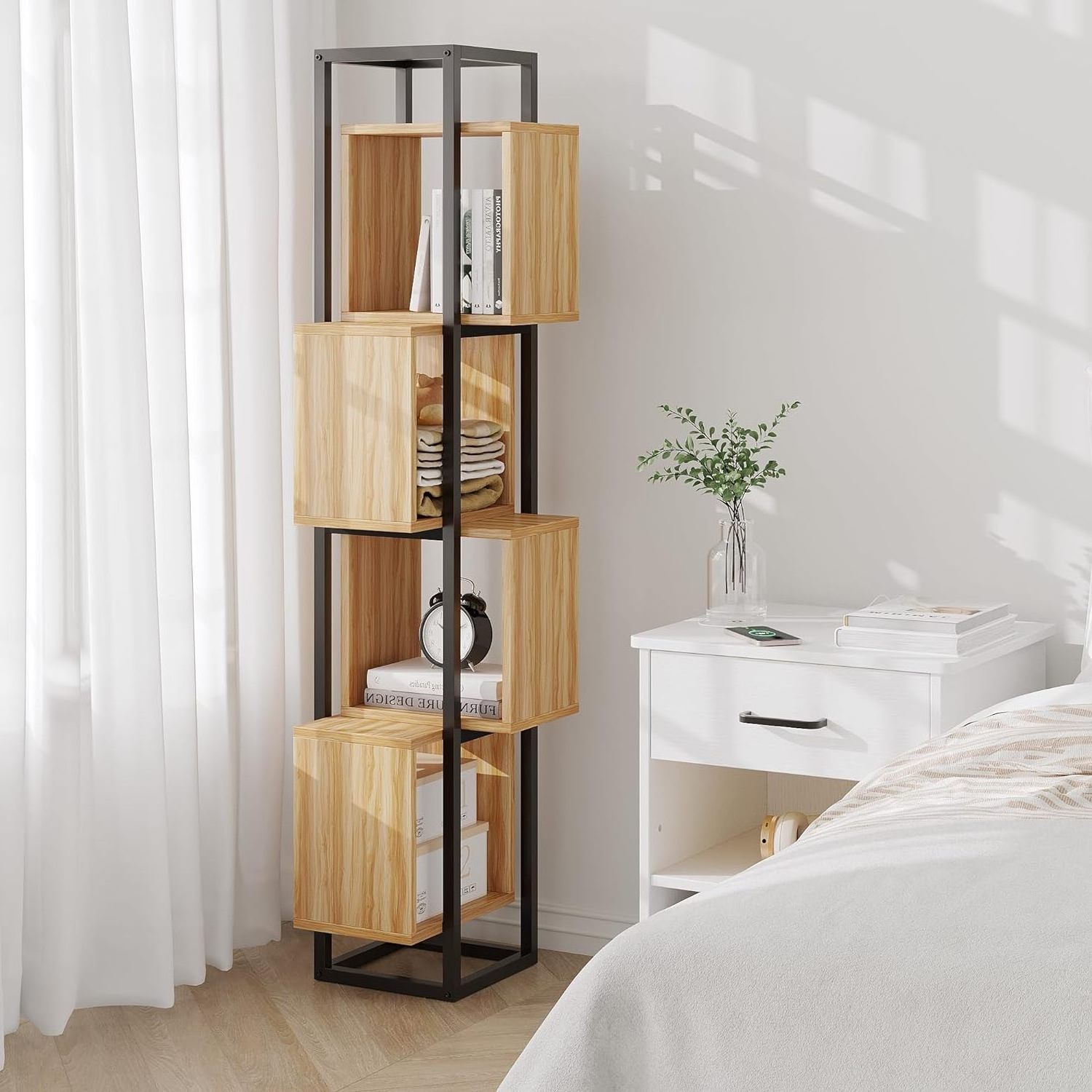 Modern Bookcase Storage Organizer 4 Cube Storage Organizer Freestanding Open Corner Shelf Stand Small Wood Corner Bookshelf