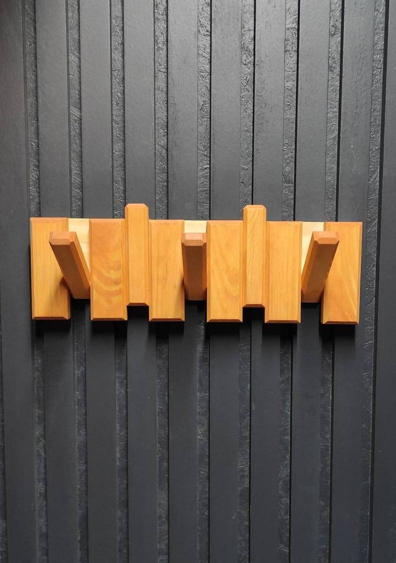 Flip down wall hook rack Wall mounted decor furniture coat hanger Natural beech and walnut wood rustic doorway wood coat rack