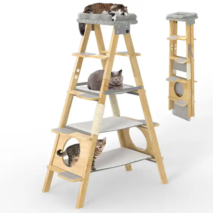 New Product Wood Cat Tree Foldable Ladder Design with Cat Hammock & Sisal Scratch Post Solid Wood Tall Cat Tower