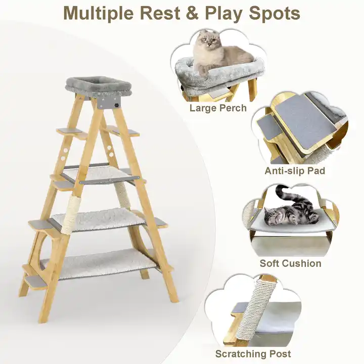 New Product Wood Cat Tree Foldable Ladder Design with Cat Hammock & Sisal Scratch Post Solid Wood Tall Cat Tower