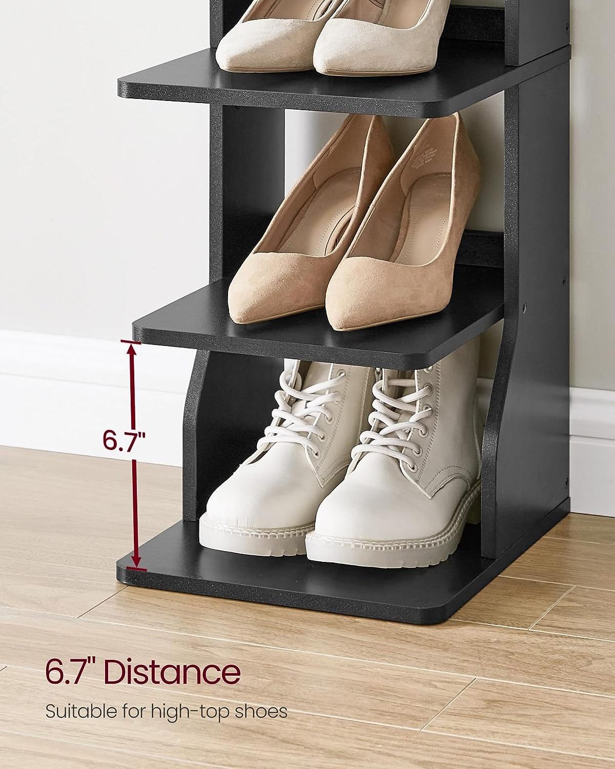 Factory Sale Wooden Free standing Entryway 7 Tier Vertical Shoe Rack Narrow Shoe Storage Organizer with Hooks