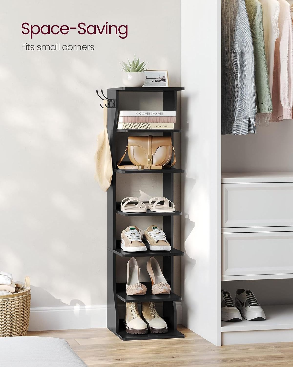 Factory Sale Wooden Free standing Entryway 7 Tier Vertical Shoe Rack Narrow Shoe Storage Organizer with Hooks