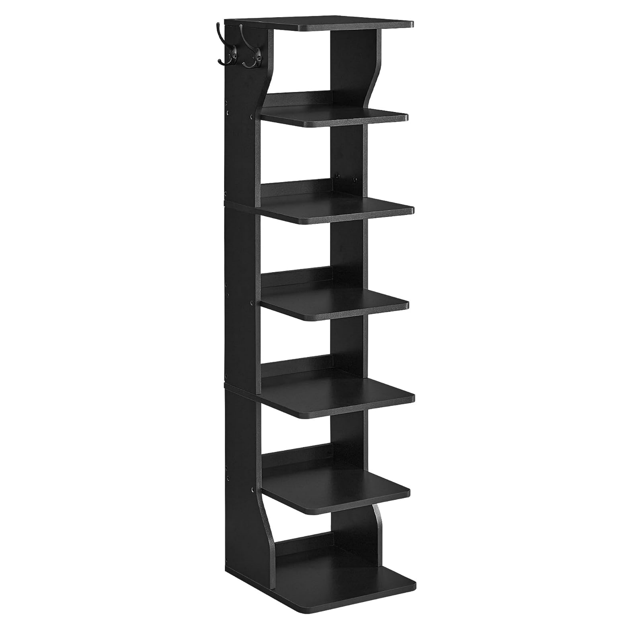 Factory Sale Wooden Free standing Entryway 7 Tier Vertical Shoe Rack Narrow Shoe Storage Organizer with Hooks