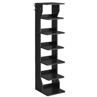 Factory Sale Wooden Free standing Entryway 7 Tier Vertical Shoe Rack Narrow Shoe Storage Organizer with Hooks