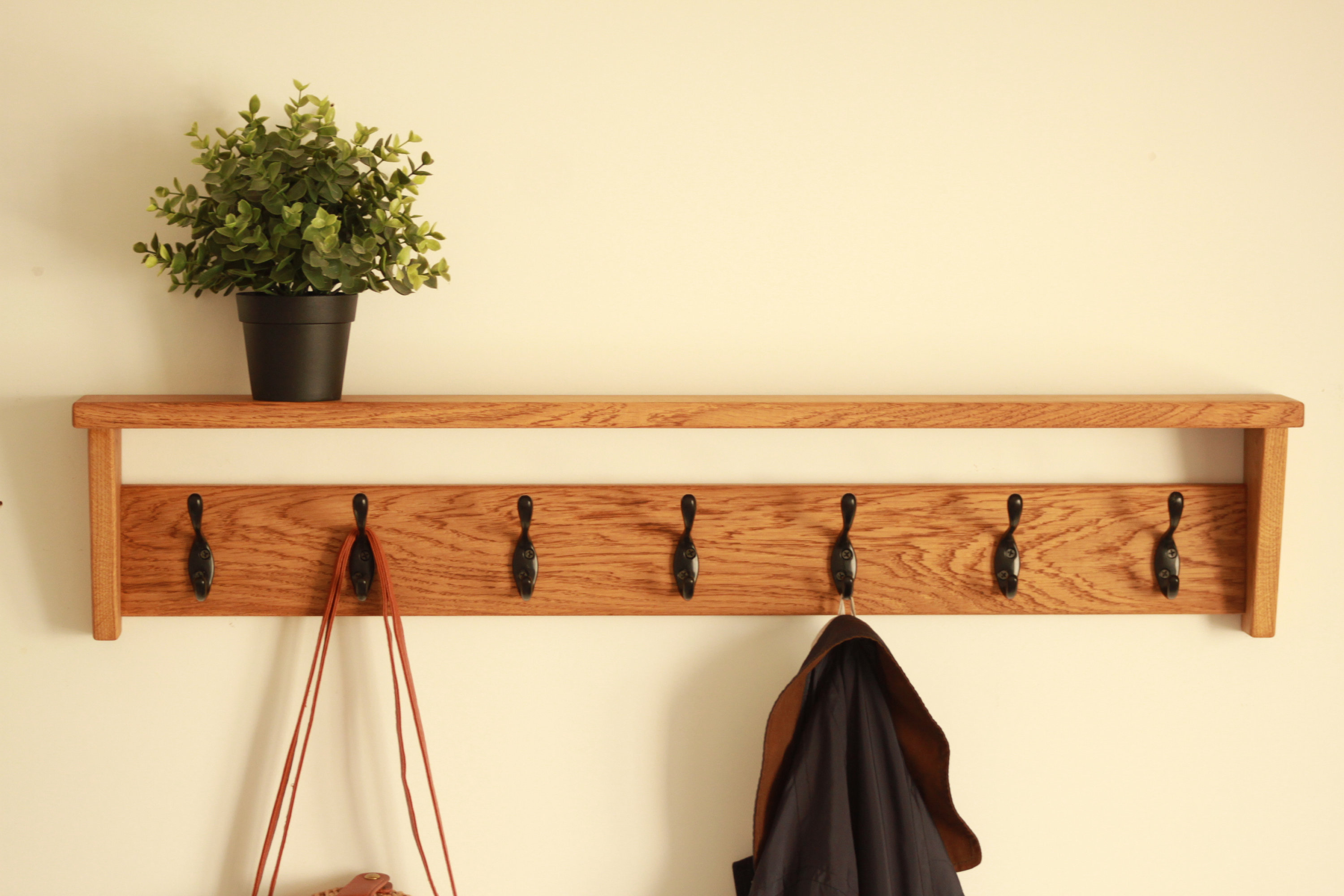 Walnut color Wall Mounted Coat Rack Shelf  Wooden Country Style Entryway Shelf Hooks Solid Wood coat rack