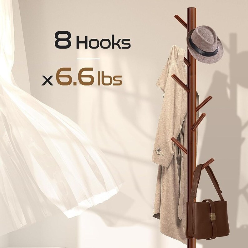 Custom new design Adjustable Wood Standing Coat Rack With 8 Hooks modern Coat Hanger Garment Rack Farmhouse Hat Purse Coat Rack