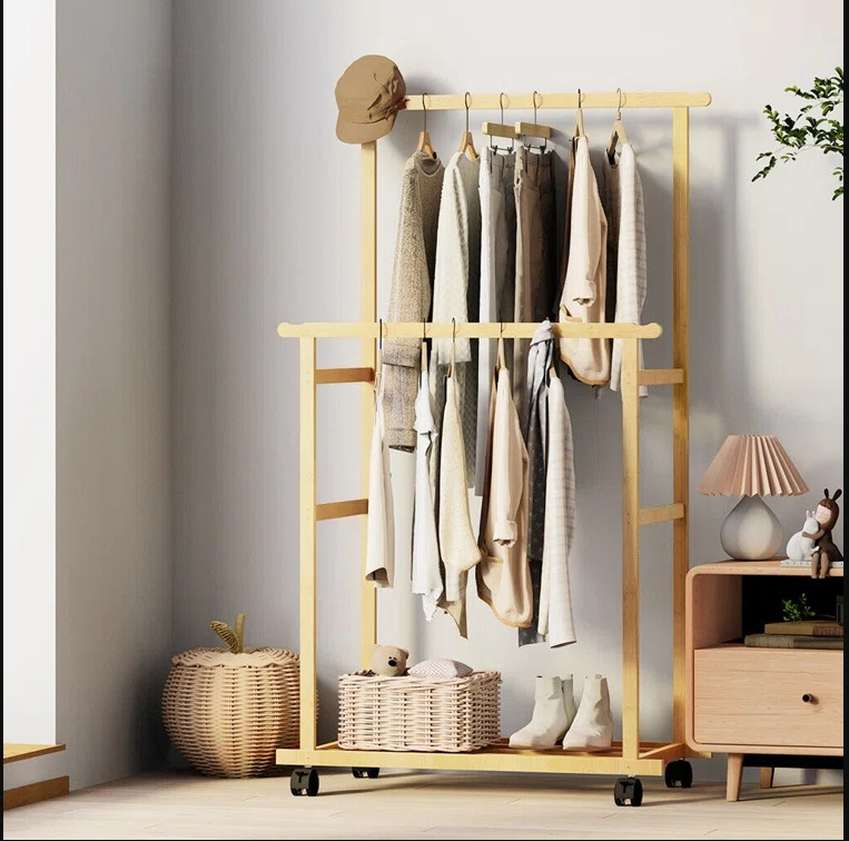 Wooden Clothes Stand Shelves Wood Bedroom Garment Storage Rack Closet Shelves Hat Hanger Cloth Hanging Rack with Shelf