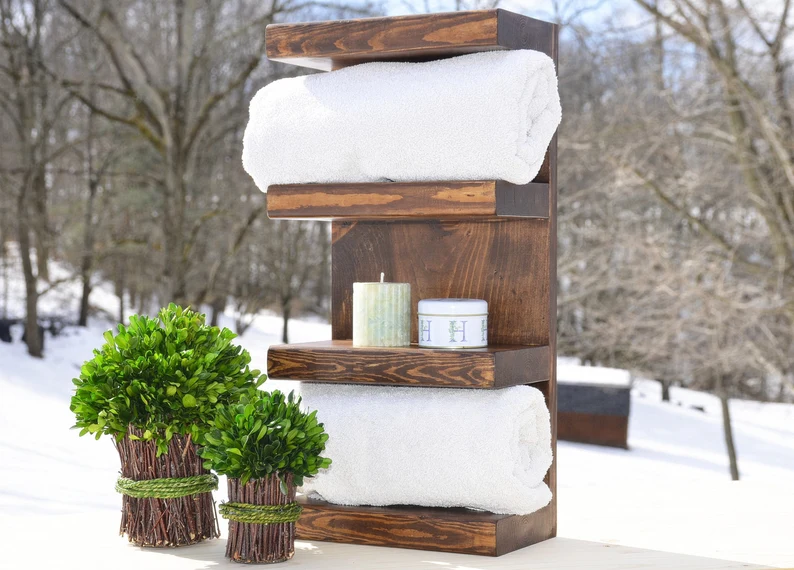 Rustic Natural Solid Wood Vertical Small Space Organizer Storage Tower Decor Display Four Tier Bathroom Shelf Towel Rack