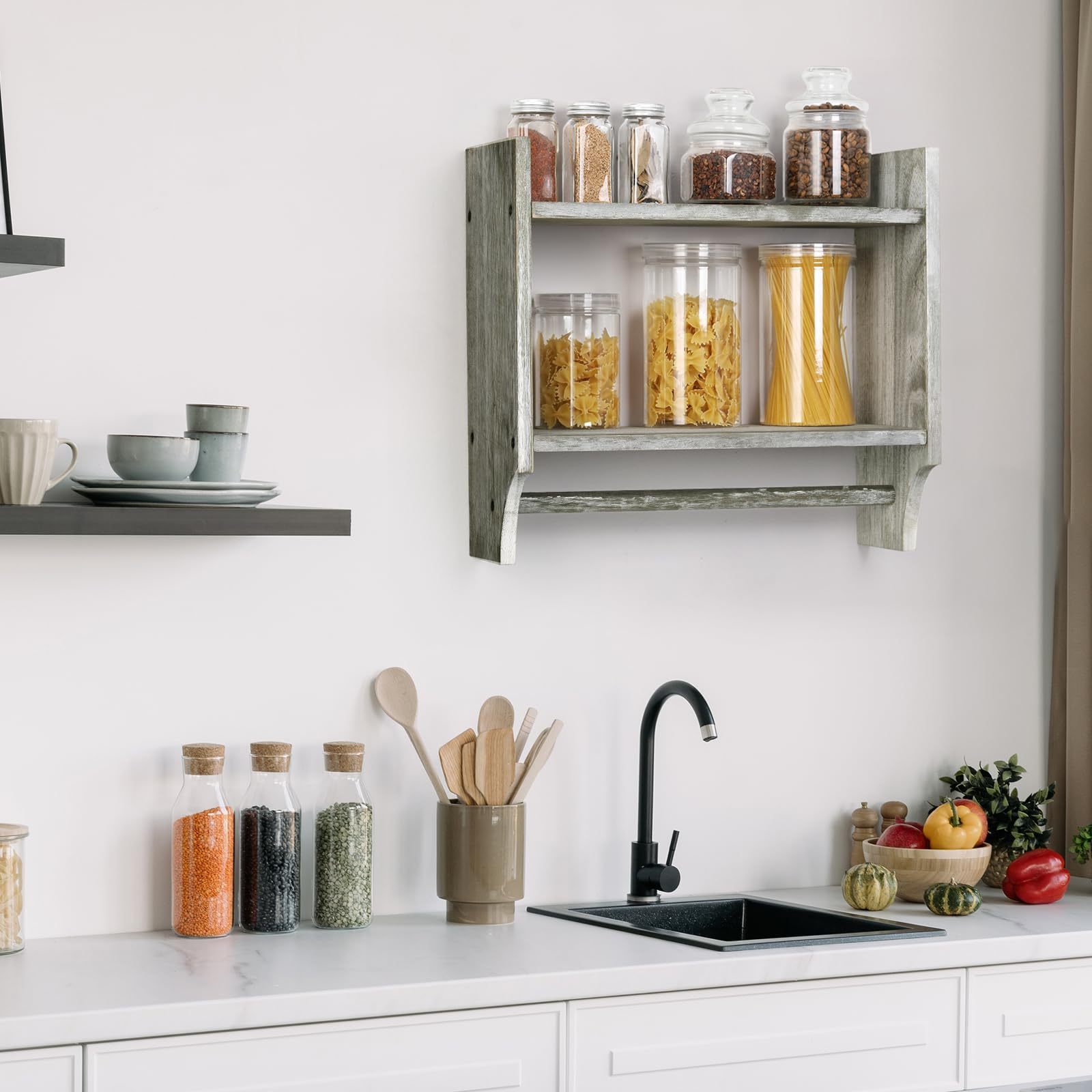 Farmhouse Decorative Grey or Brown Mudroom Organizer Hanging Storage Rack Wooden Towel Rack Wall Mounted with 2 Tier