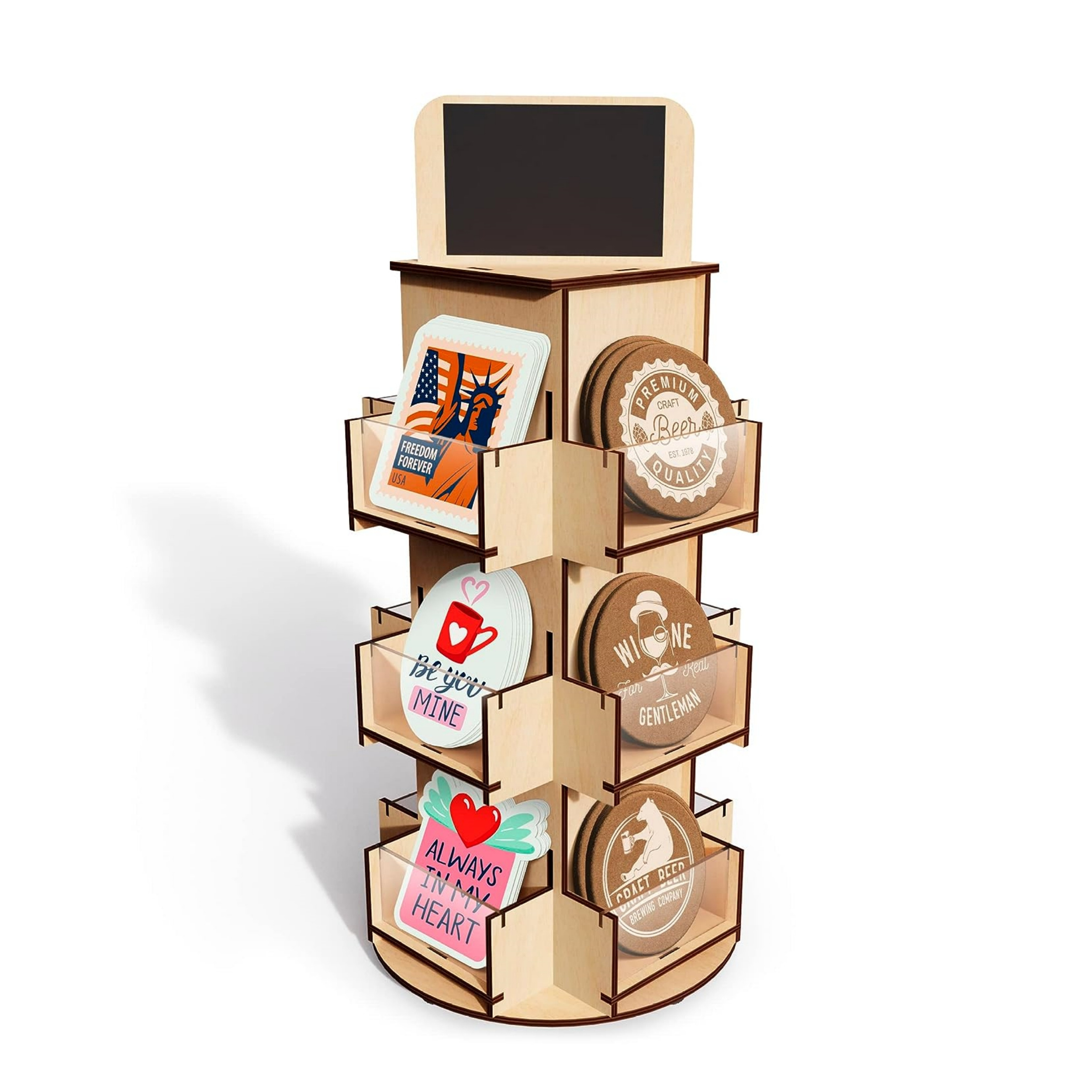 New Design 3 Tier Rotating Sticker Display Wooden Gift Card Display Stand Countertop Retail Display Sticker Holder Rack