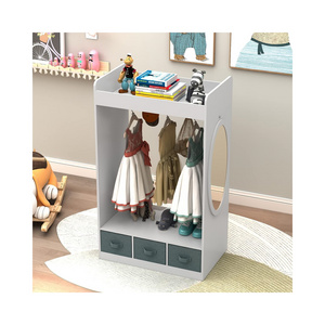 New Design Modern White Freestanding Kids Dress-Up Armoire Wooden Costume Rack Wooden Kid Cabinet with Mylar Mirror