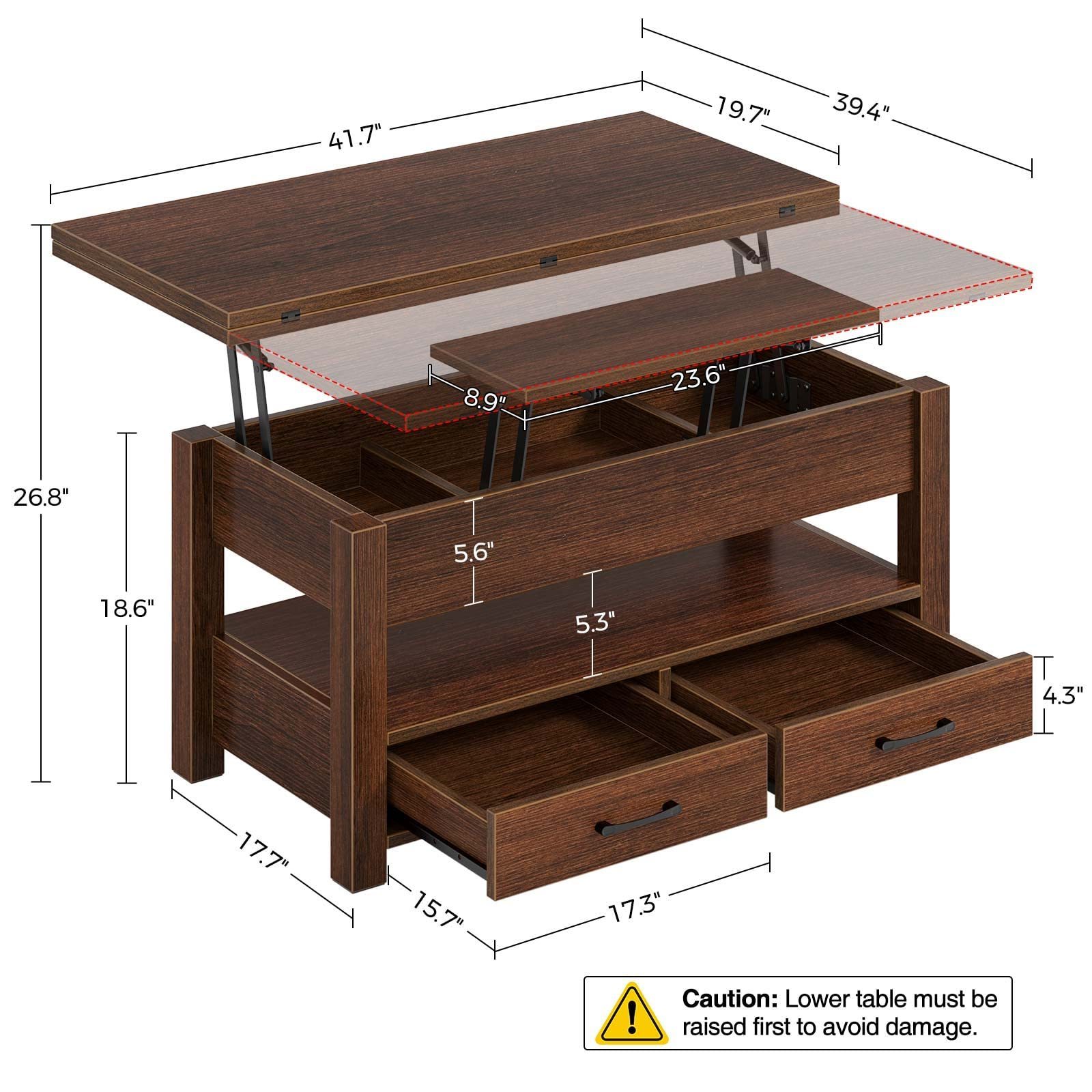 Wooden Mid-Century Modern Multi functional Accent Table Home organizer  Lift Top Coffee Table with Drawers Hidden Compartment