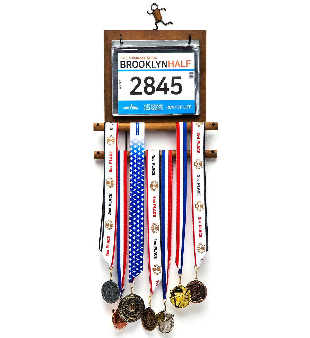 Medal Wall Holder Top Shelf Trophy Medal Ribbon Display Pine Wood Holder Rack Hooks Wooden Medal Hanger Display Rack