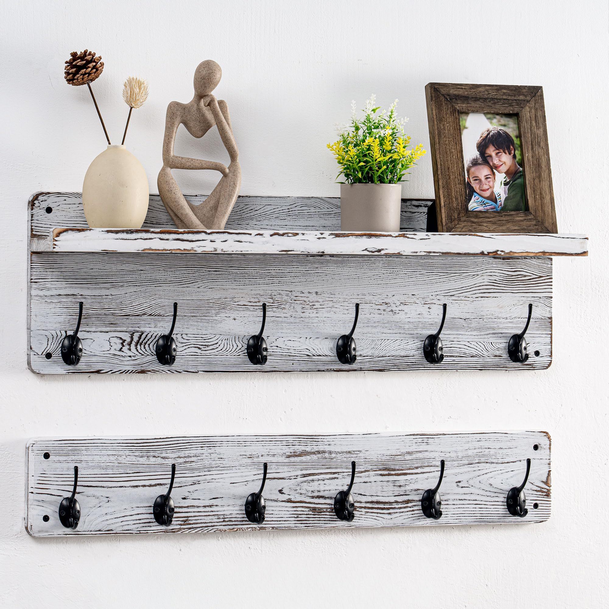 Farmhouse Decorative Wooden Rack Wall Mount Mail and Key Holder Entryway Decor Wide Coat Rack Wall Mount with Shelf