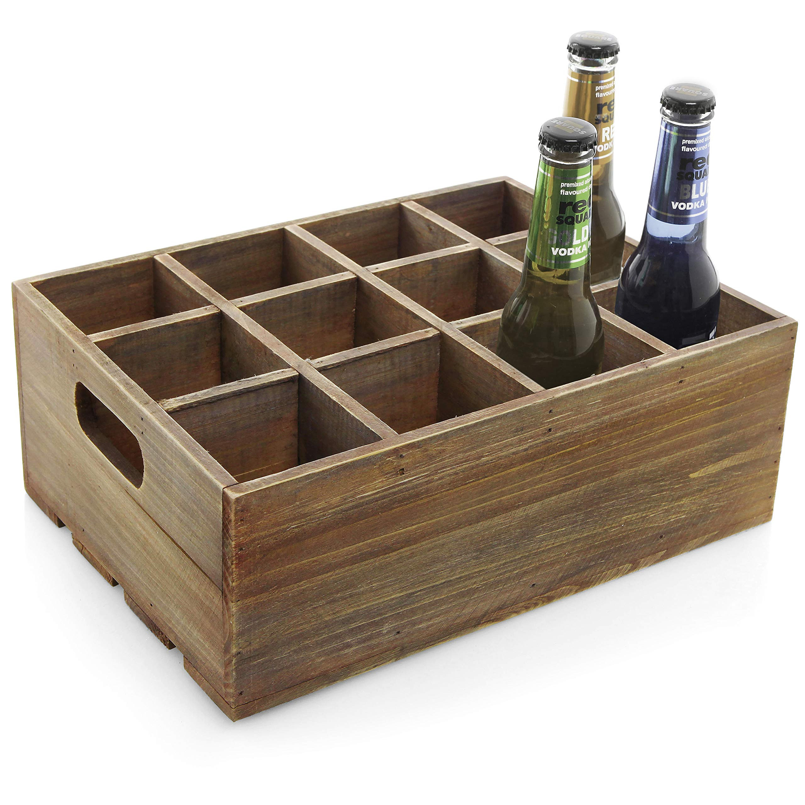 Rustic Brown Wood Bottle Storage Crate Wooden Beer Holder Box Bottled Beverage Serving Caddy with Carrying Handles, 12 slots