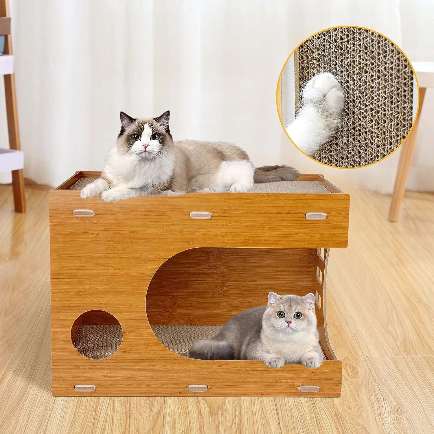 Cat Scratchers Lounge, 2 in 1 Double Layer Cat House with 2 PCS Cat Scratching Pads, Indoor Cat Cube Shelter