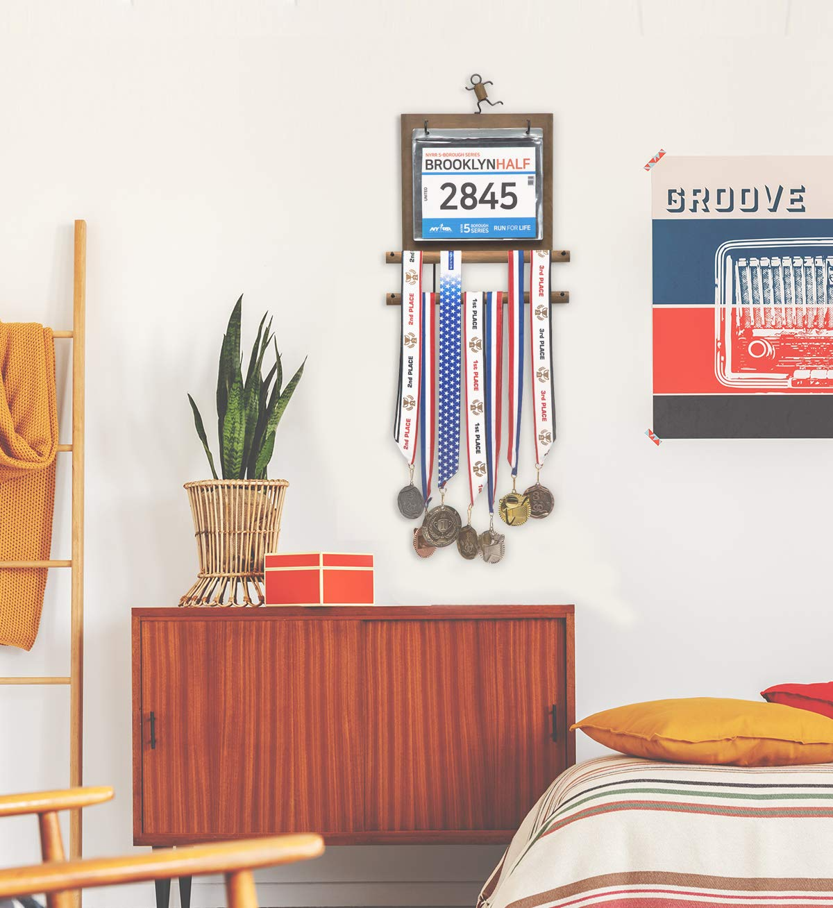 Medal Wall Holder Top Shelf Trophy Medal Ribbon Display Pine Wood Holder Rack Hooks Wooden Medal Hanger Display Rack