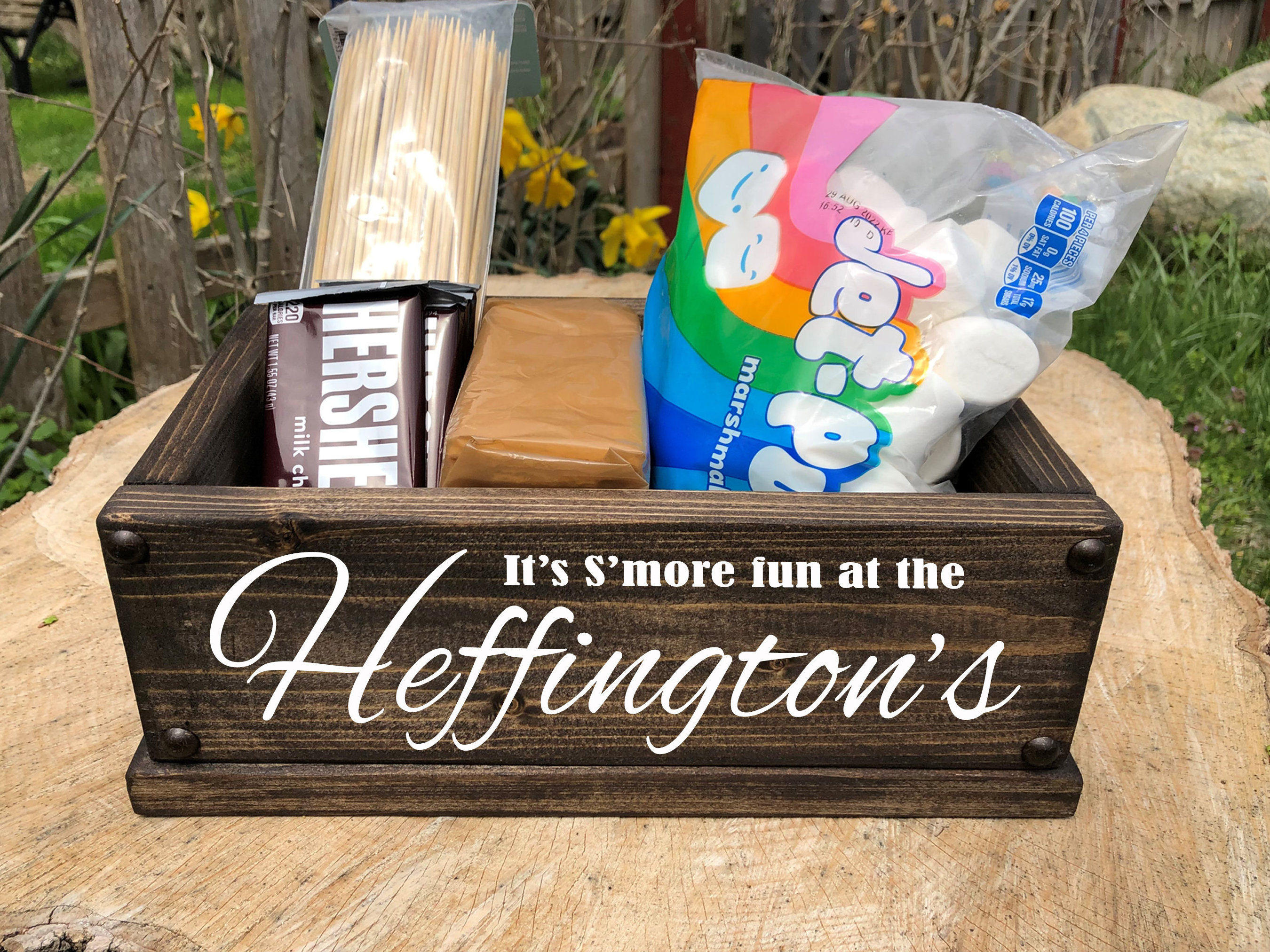 Smores Wooden Campfire Caddy Personalized Marshmallow Roasting Carrying Box  BBQ Cookout Firepit