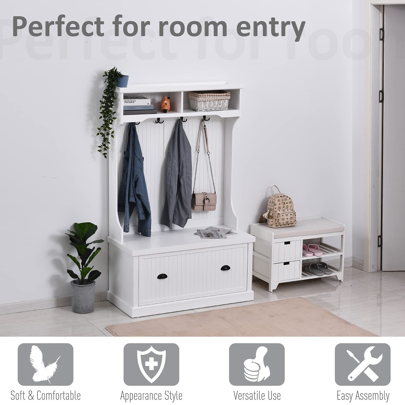 Customized Coat Rack Wide Hall Tree with Shoe Storage Bench Entryway Furniture Living Room Free Standing Coat Rack Hall Tree