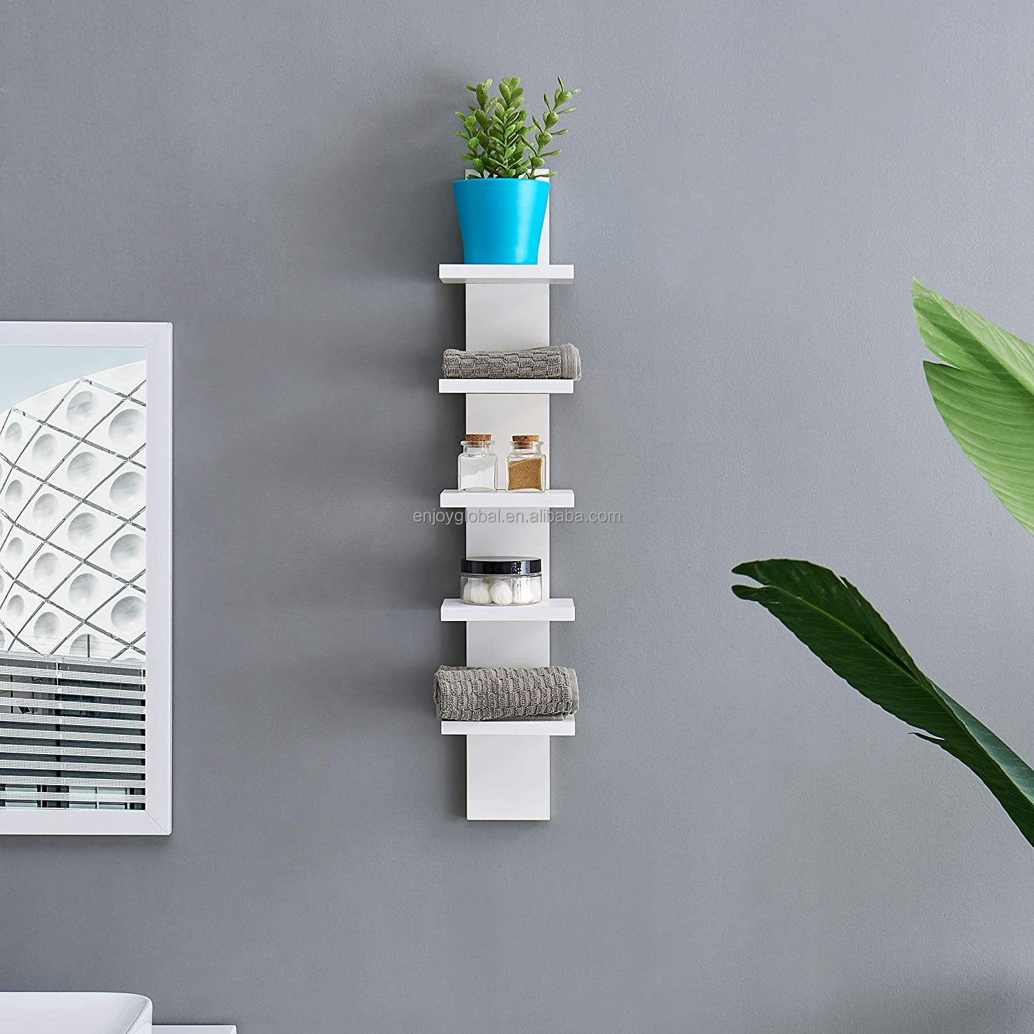 White 5 Tier Wall Shelf Unit Narrow Vertical Column Shelf Floating Storage, Home Decor Organizer Tall Tower Design Utility Shelf