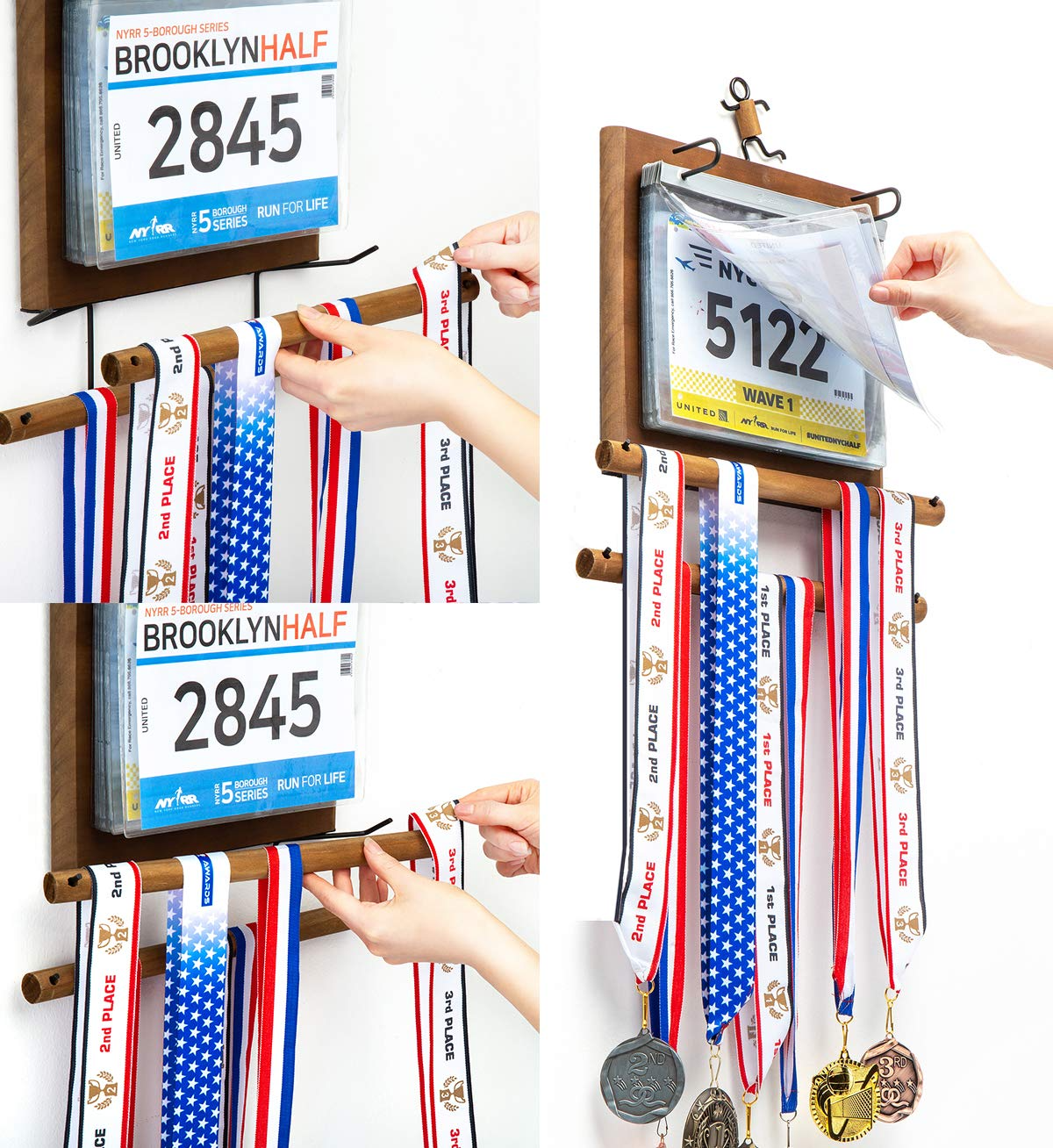 Medal Wall Holder Top Shelf Trophy Medal Ribbon Display Pine Wood Holder Rack Hooks Wooden Medal Hanger Display Rack