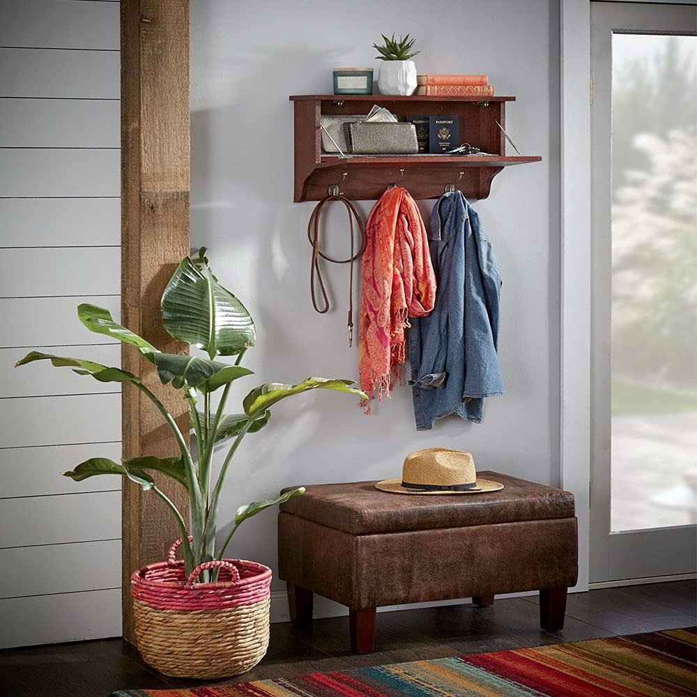 G-un Concealment Wall Shelf with Hanging Hooks Shelves with Hidden Secret Storage Compartment Dark Cherry Wood Finish