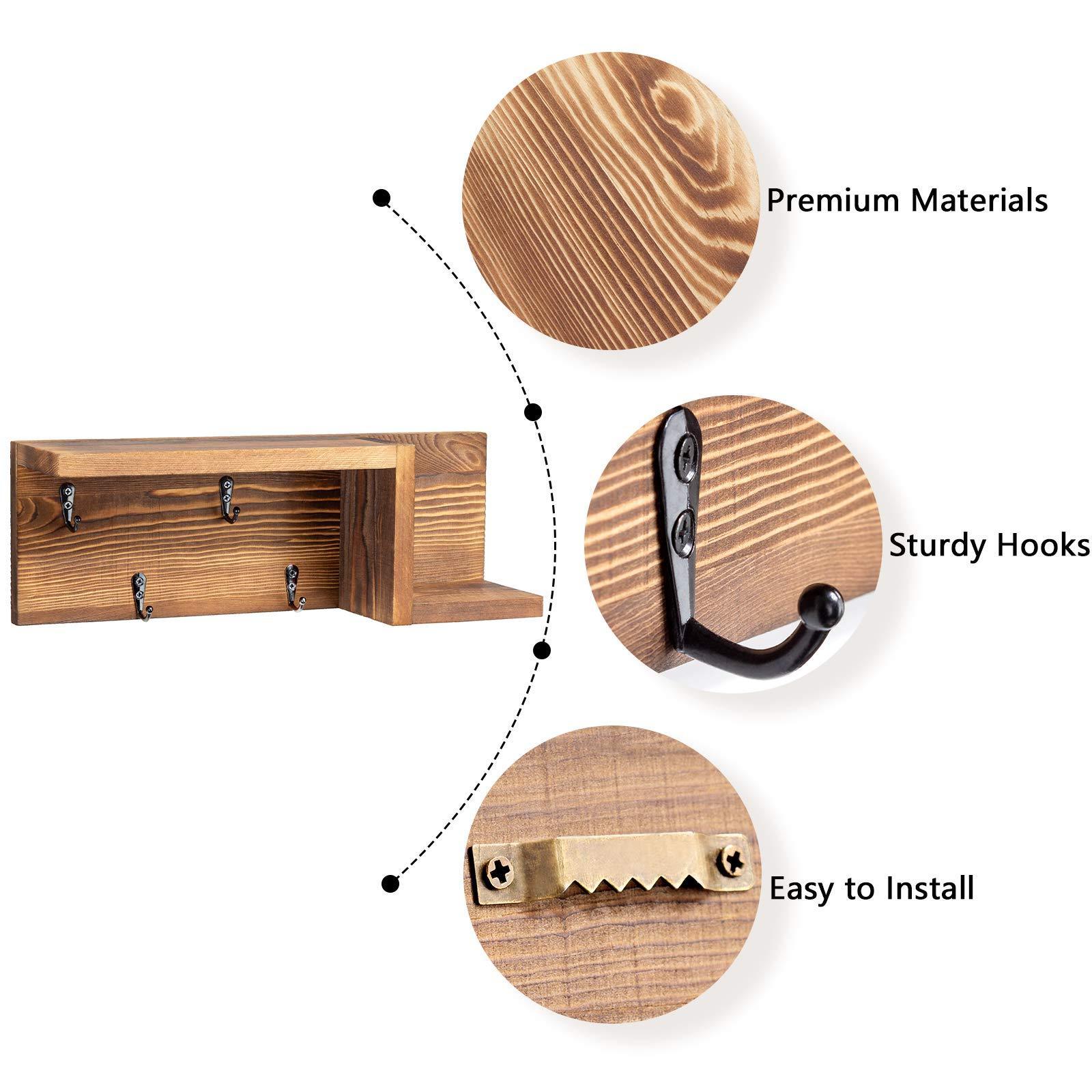 Wooden Key Holder for Wall Decorative Mail and Key Holder Organizer with 4 Key Hooks and Z Shape Wall Mount Floating Shelf