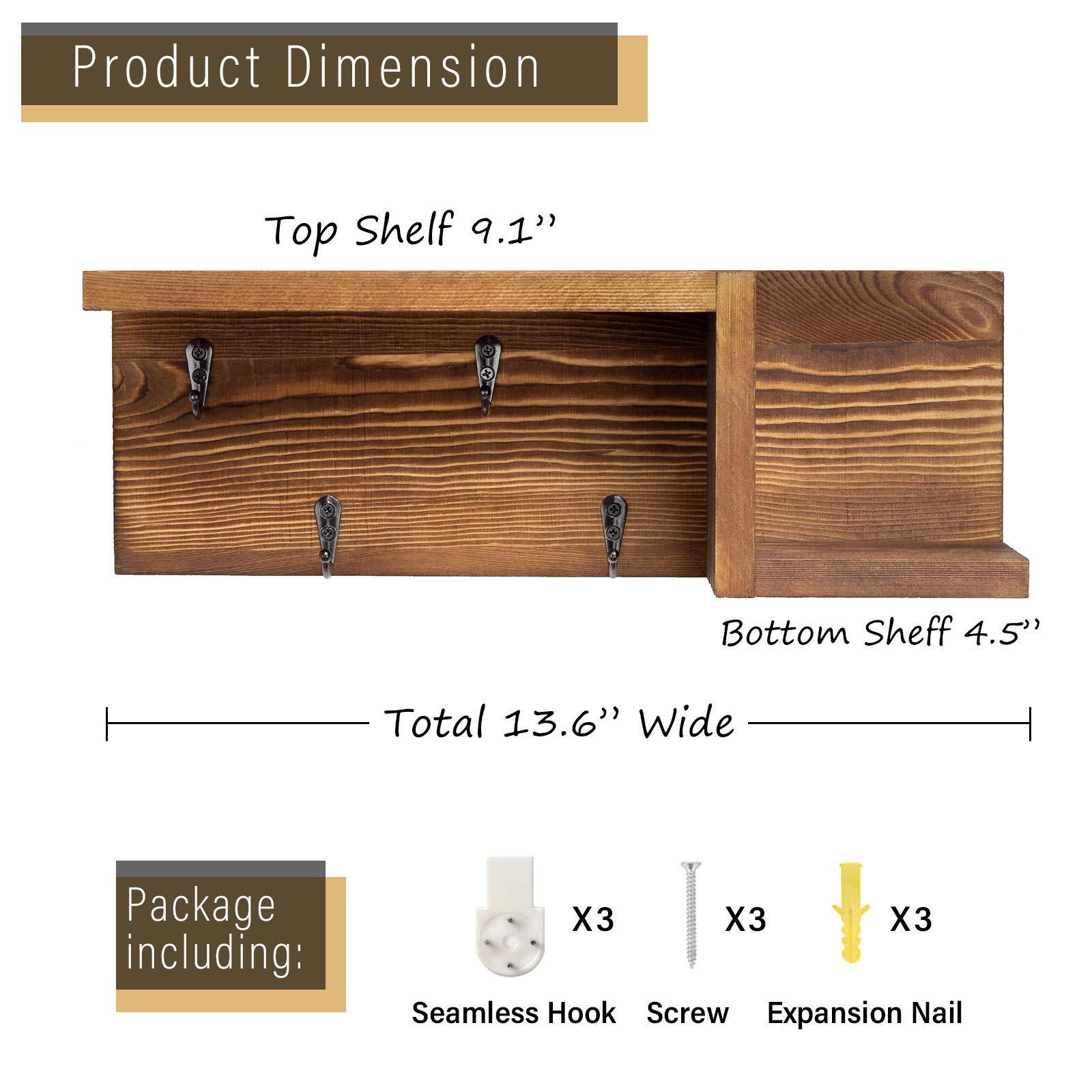 Wooden Key Holder for Wall Decorative Mail and Key Holder Organizer with 4 Key Hooks and Z Shape Wall Mount Floating Shelf