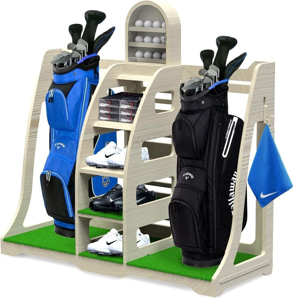 Sports Golf Bag Organizer - Handcrafted Wood Design, Golf Bag Stand Golf Storage Shelves, Golf Garage Rack