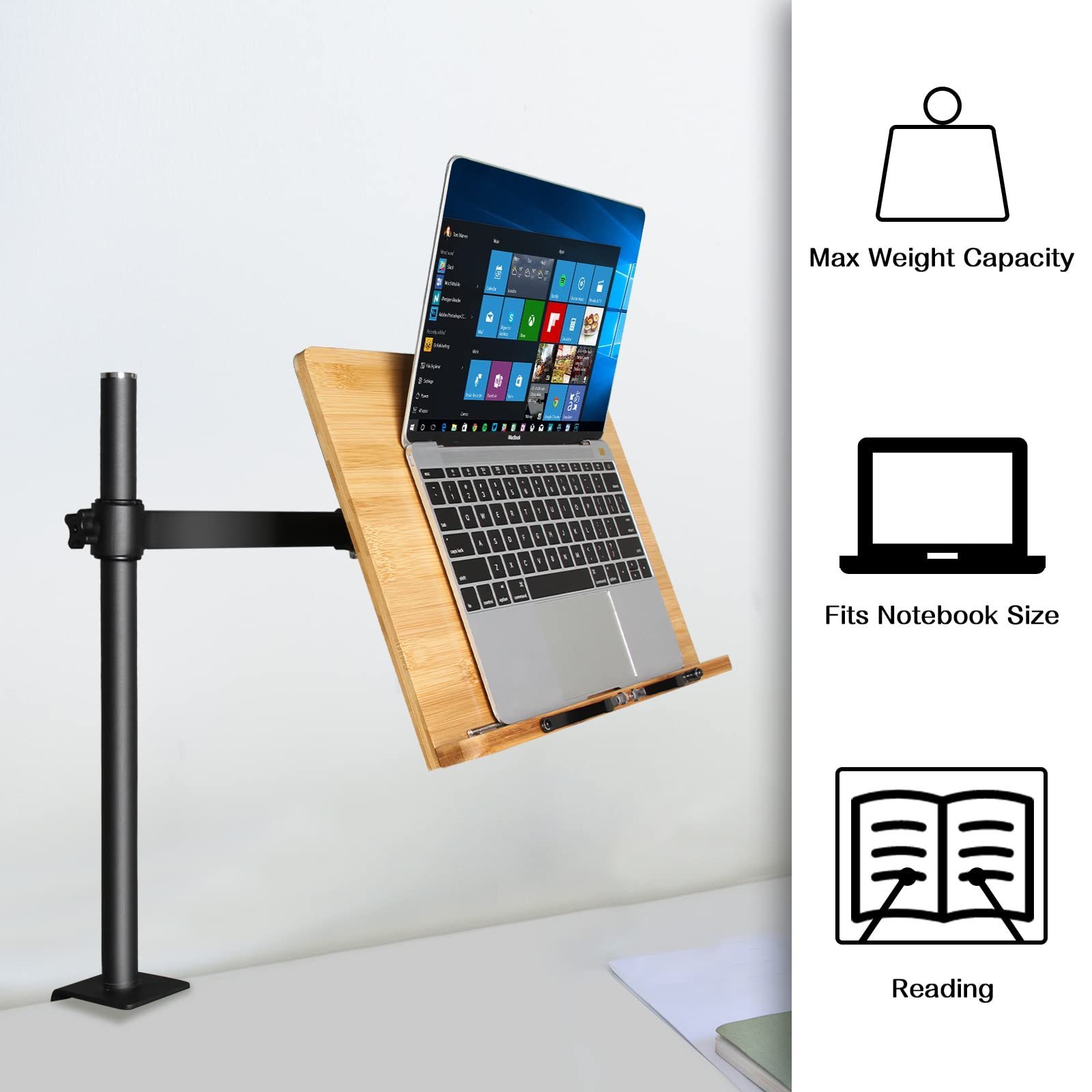 Large Table Side Bamboo Reading Mount Holder Book Stand Height Adjustable with Clamp for Reading Hands Free