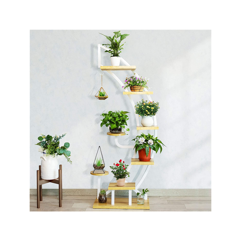 6 Tier 9 Potted Steel-wood Plant Stand With Hanger,Curved Flower Pot Holder Shelf For Indoor Outdoor