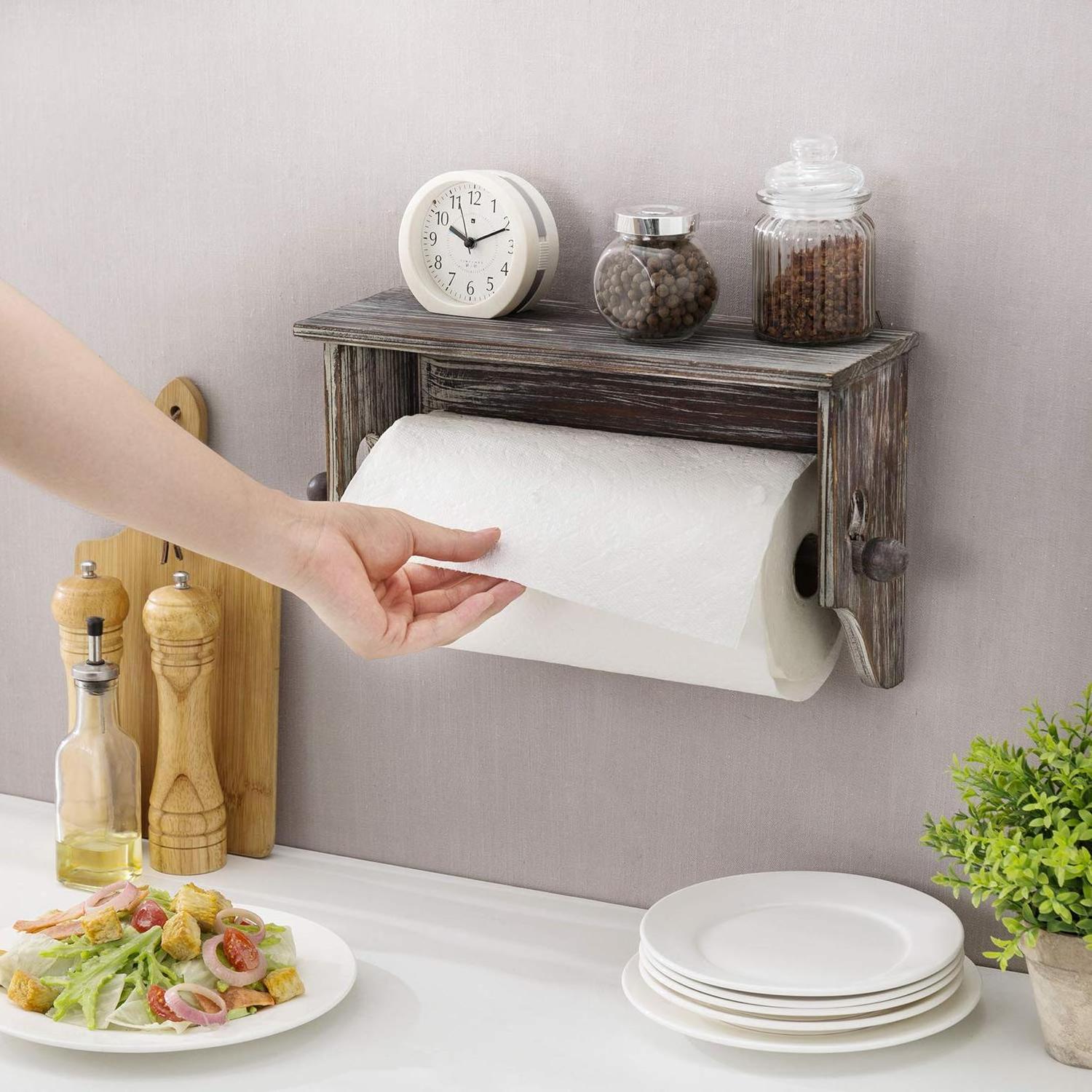 Wall Mounted Solid Torched Wood Paper Towel Roll Holder with Display Storage Shelf