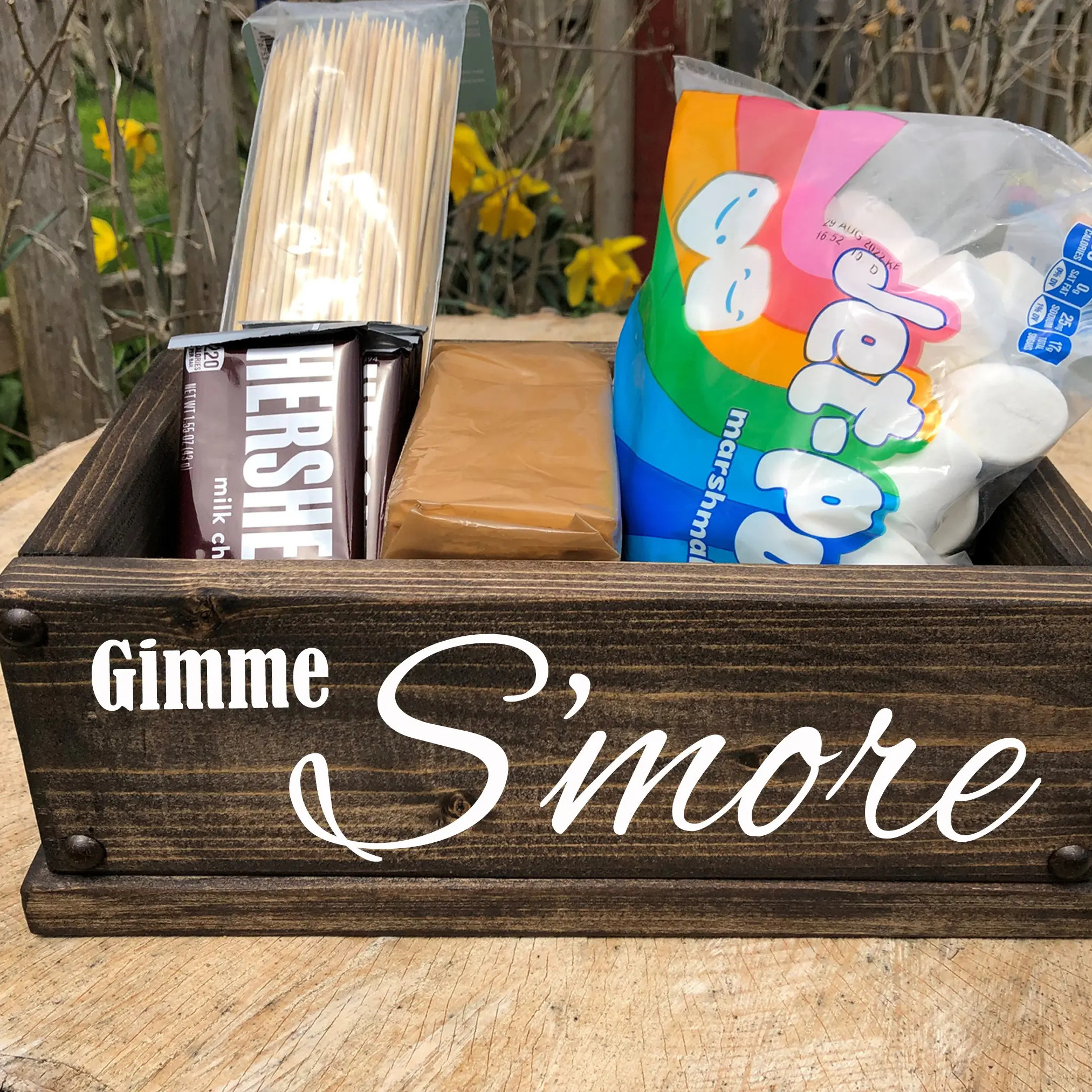 Smores Wooden Campfire Caddy Personalized Marshmallow Roasting Carrying Box  BBQ Cookout Firepit