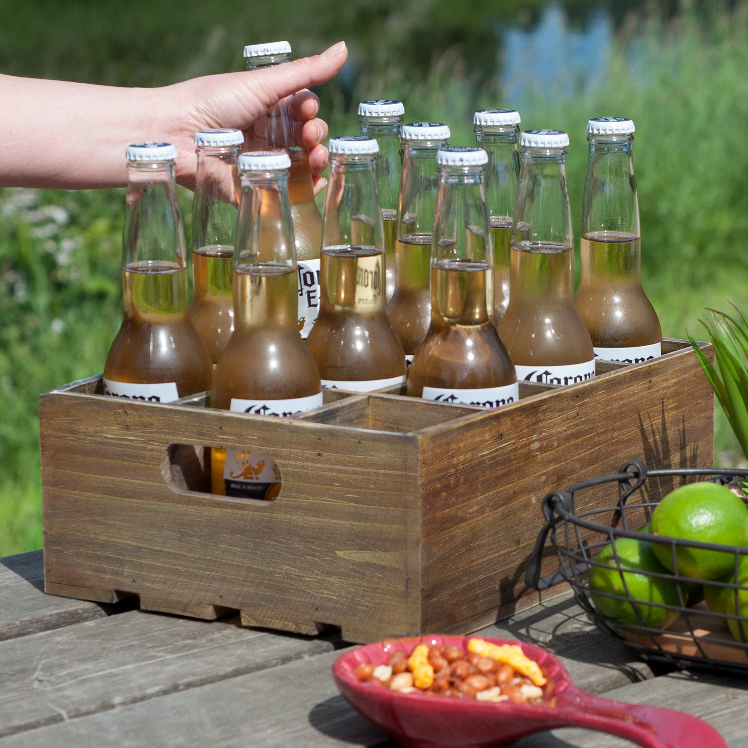 Rustic Brown Wood Bottle Storage Crate Wooden Beer Holder Box Bottled Beverage Serving Caddy with Carrying Handles, 12 slots