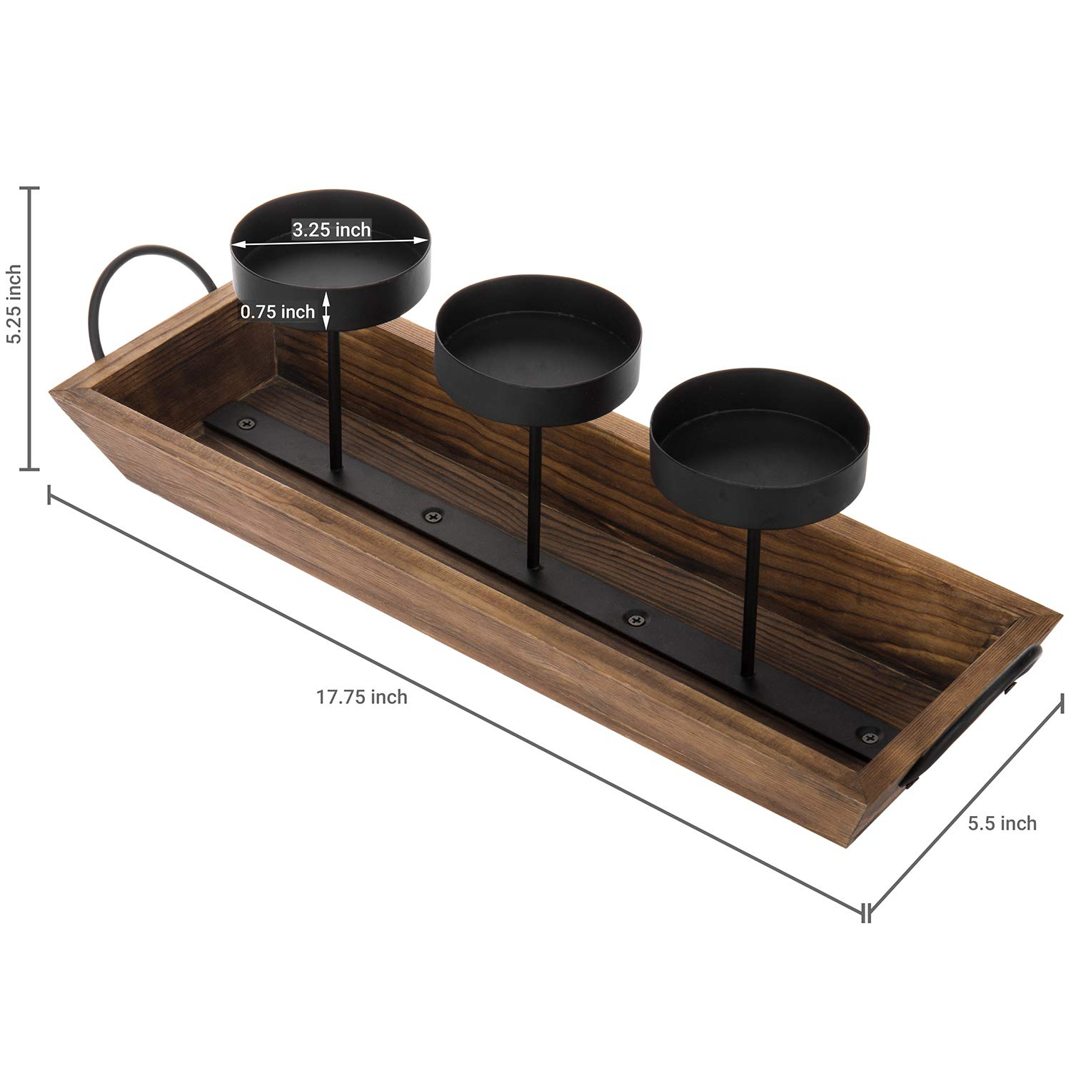 Candle Holder 3-Pillar Black Metal with Rustic Wood Tray and Handles, Tabletop/Mantel Centerpiece Plant Display Stand  Organizer