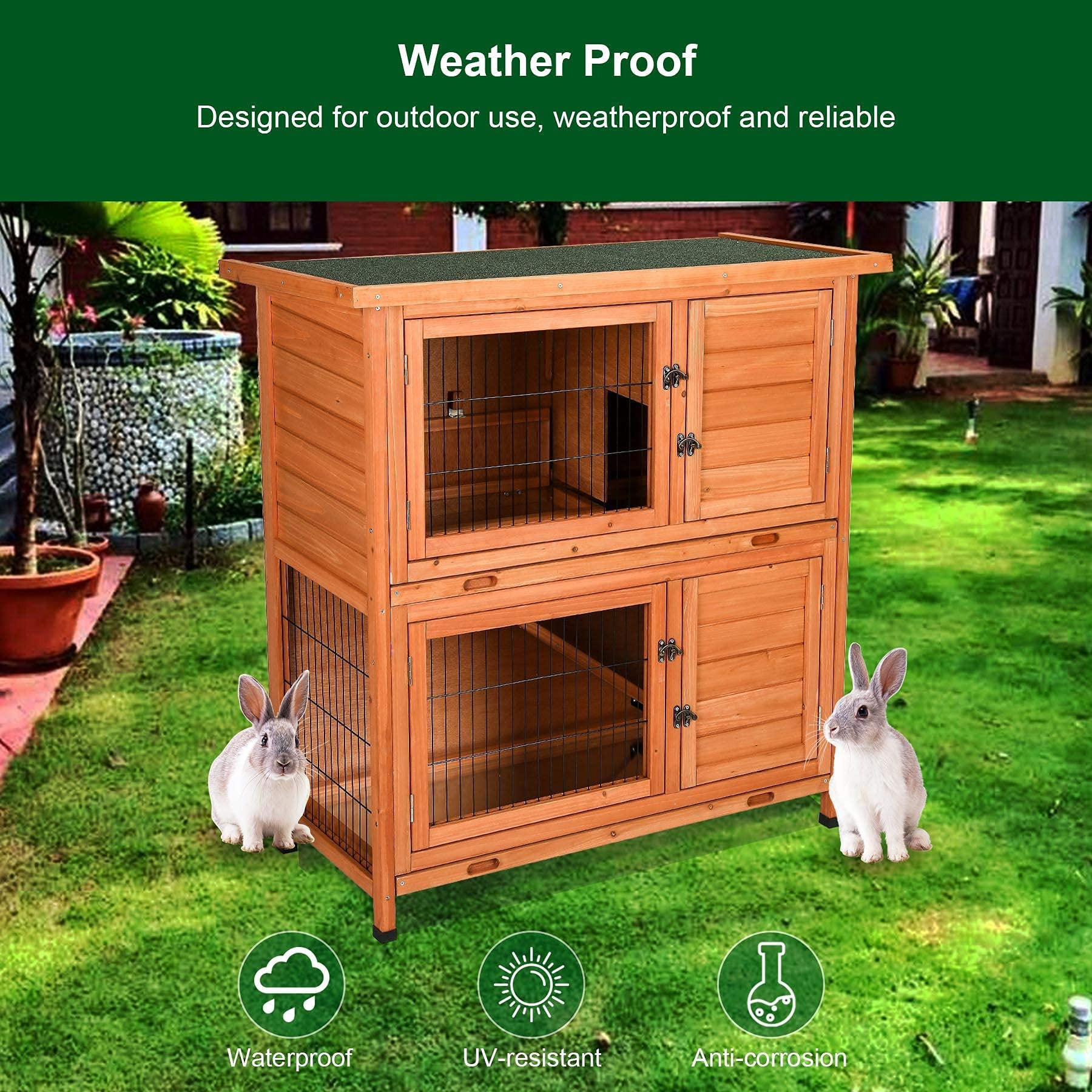 Custom 2 Story Outdoor Wooden Bunny Cage Rabbit Hutch Guinea Pig House Rabbit Cage in Nature Color with Ladder for Small Animals