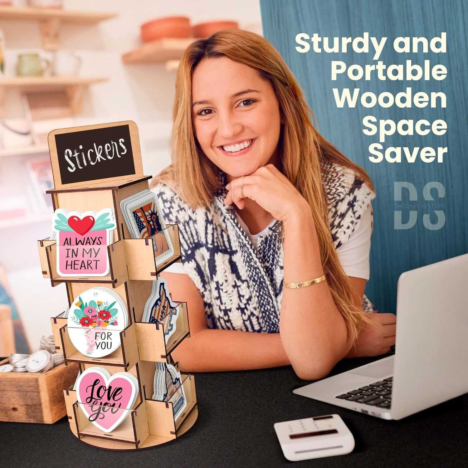 New Design 3 Tier Rotating Sticker Display Wooden Gift Card Display Stand Countertop Retail Display Sticker Holder Rack