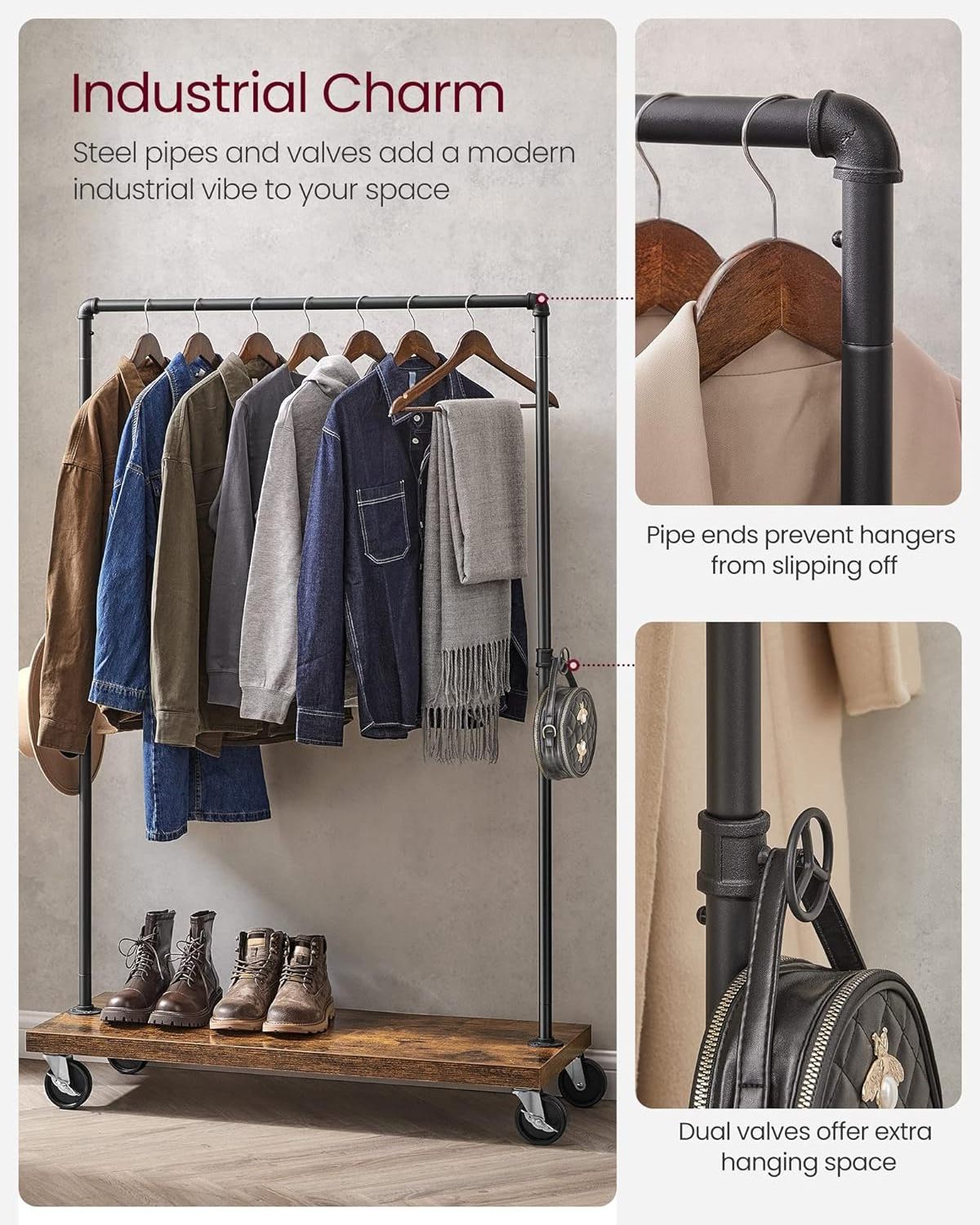 Factory Wholesale Industrial Pipe Style Rustic Wood Clothes Rack Rolling Clothing Rack with Shelf