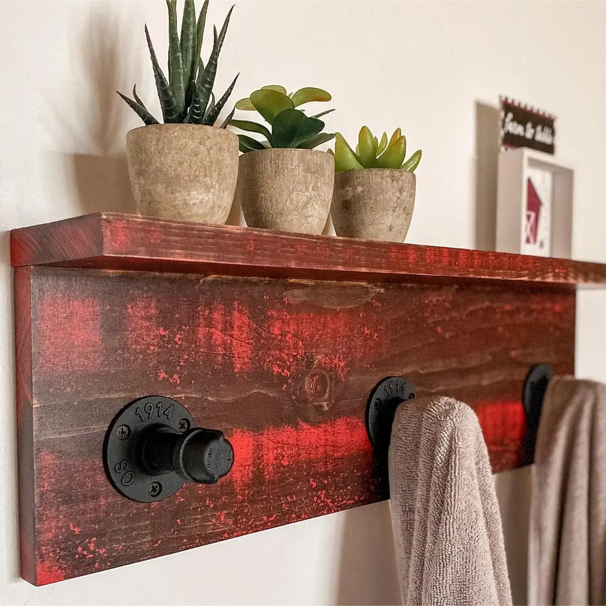 Industrial Towel Rack with Shelf Handmade Rustic Coat Rack Entryway Organization Towel Hooks or Coat Hooks