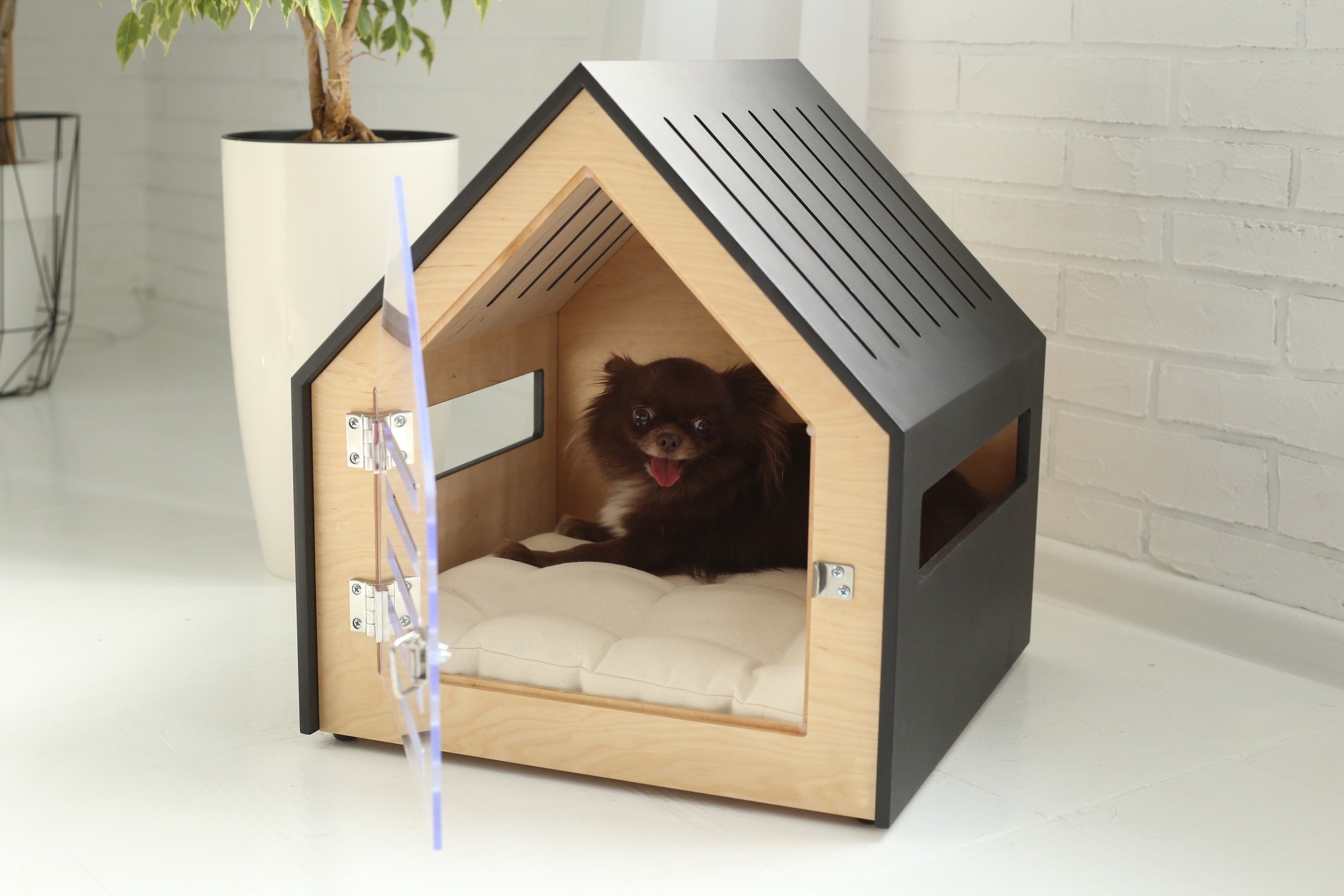 Modern Customized Stylish Clear Acrylic Heavy Duty Fold Up Inside House Kennel Dog Wood Crate For Small Animals