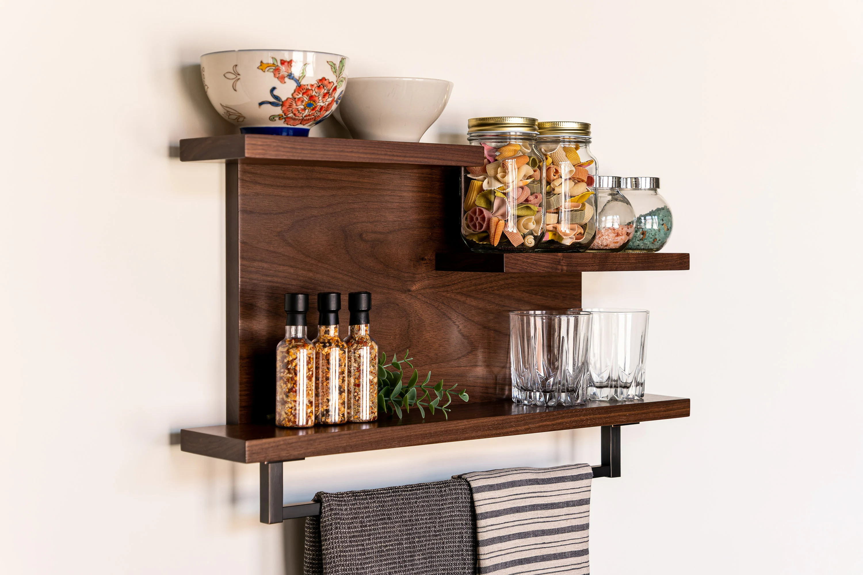 Modern Rustic Walnut Handmade Hardwood Bathroom  Kitchen Storage Wall Organizer  Floating Shelf