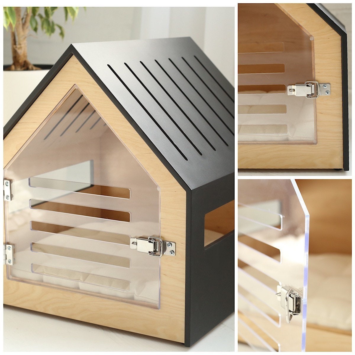 Modern Customized Stylish Clear Acrylic Heavy Duty Fold Up Inside House Kennel Dog Wood Crate For Small Animals