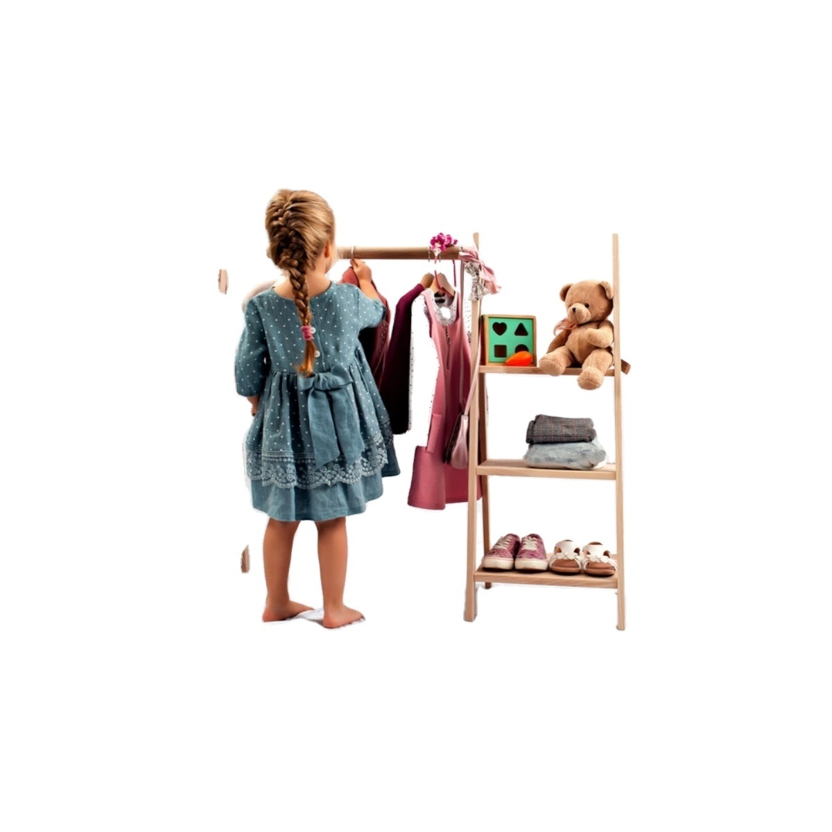 Custom wooden KIDS clothing rack stand Dress up storage length variations Toddler fashion Montessori wardrobe kids clothing rack