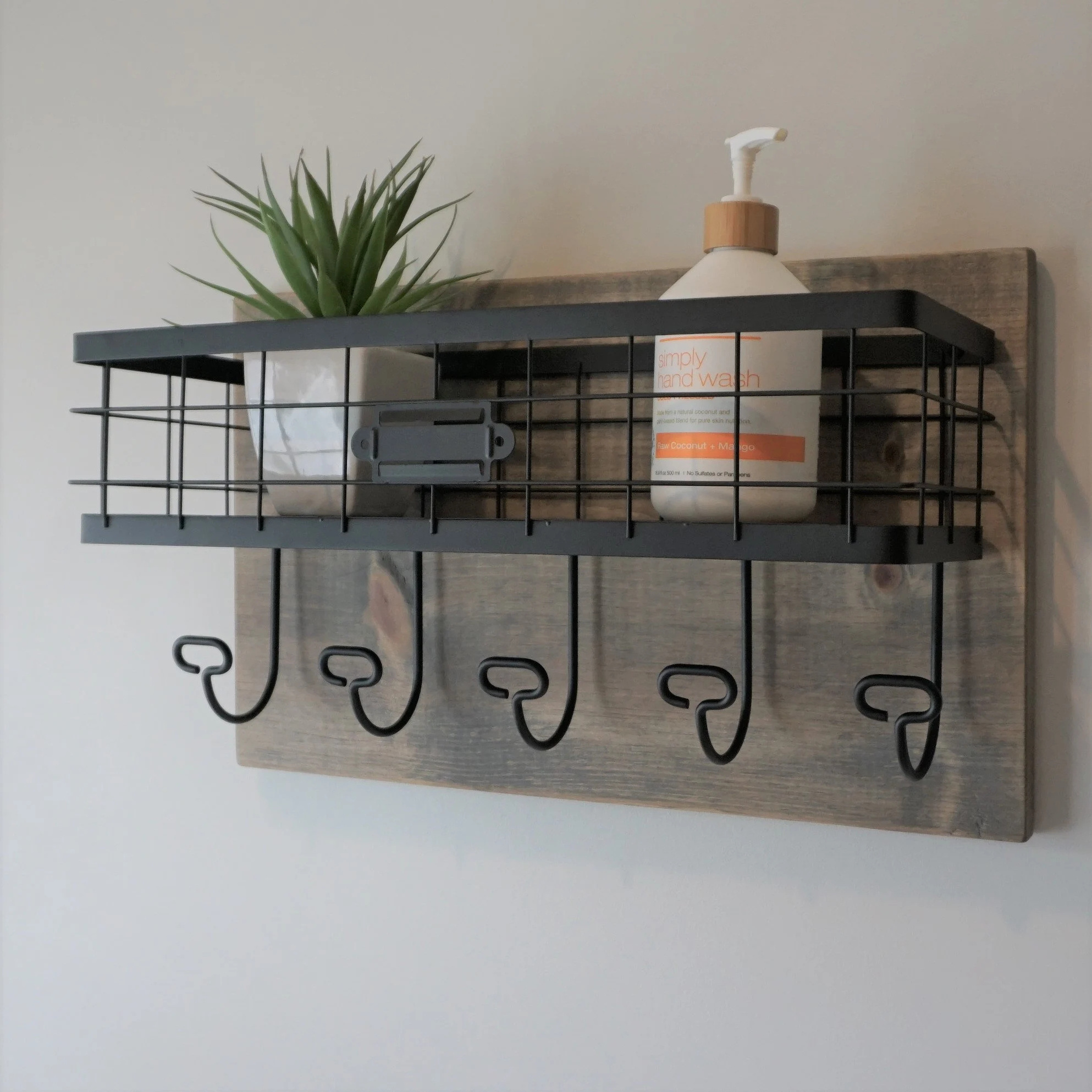 Modern Rustic Walnut Handmade Simply Rustic Bathroom Shelf with Storage Basket and 5 Towel Hooks