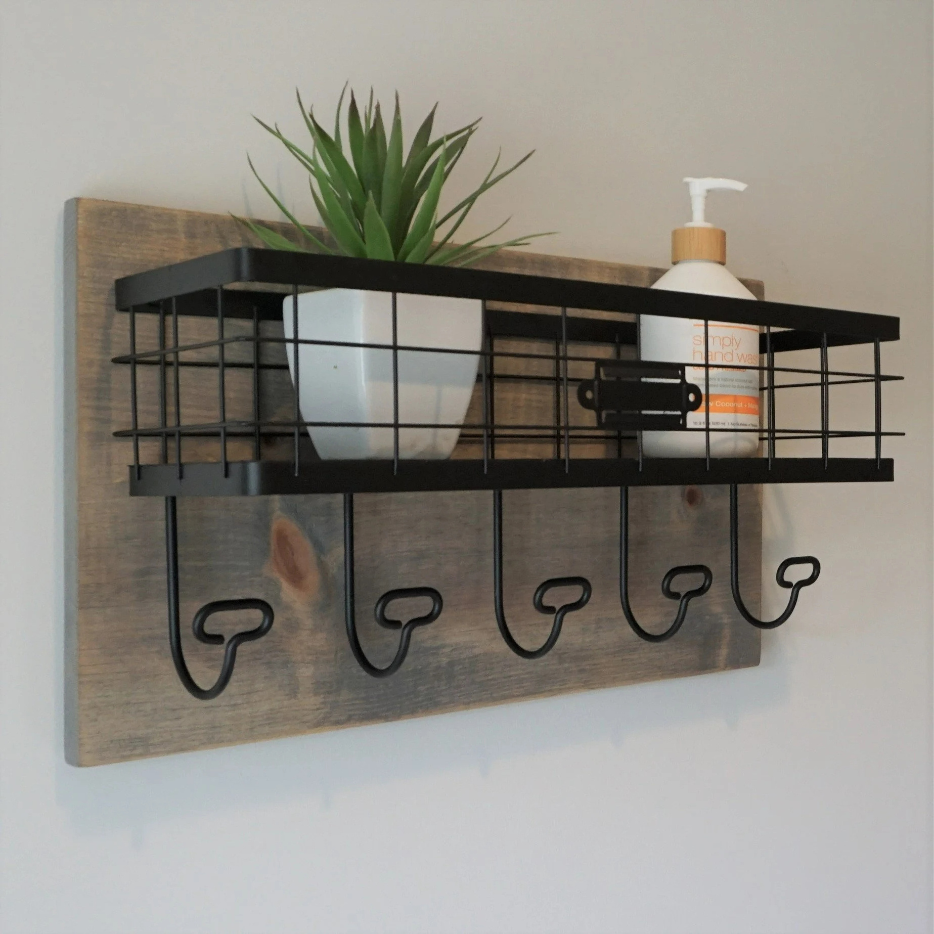 Modern Rustic Walnut Handmade Simply Rustic Bathroom Shelf with Storage Basket and 5 Towel Hooks