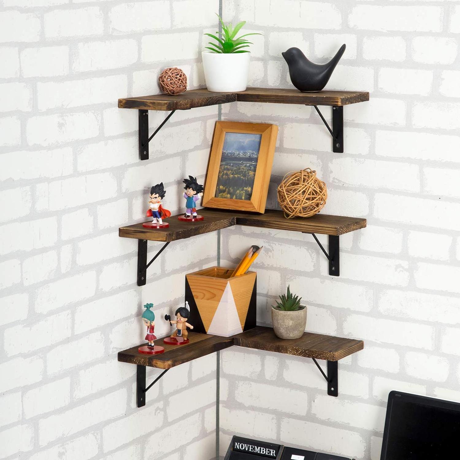 3 Set Corner Floating Wall Shelves Wall Mounted Shelves Rustic Wood Shelves Decoration for Home Living Kitchen Laundry Room