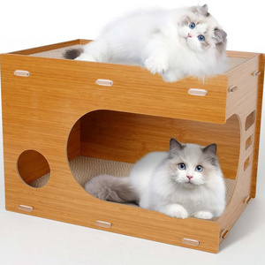 Cat Scratchers Lounge, 2 in 1 Double Layer Cat House with 2 PCS Cat Scratching Pads, Indoor Cat Cube Shelter